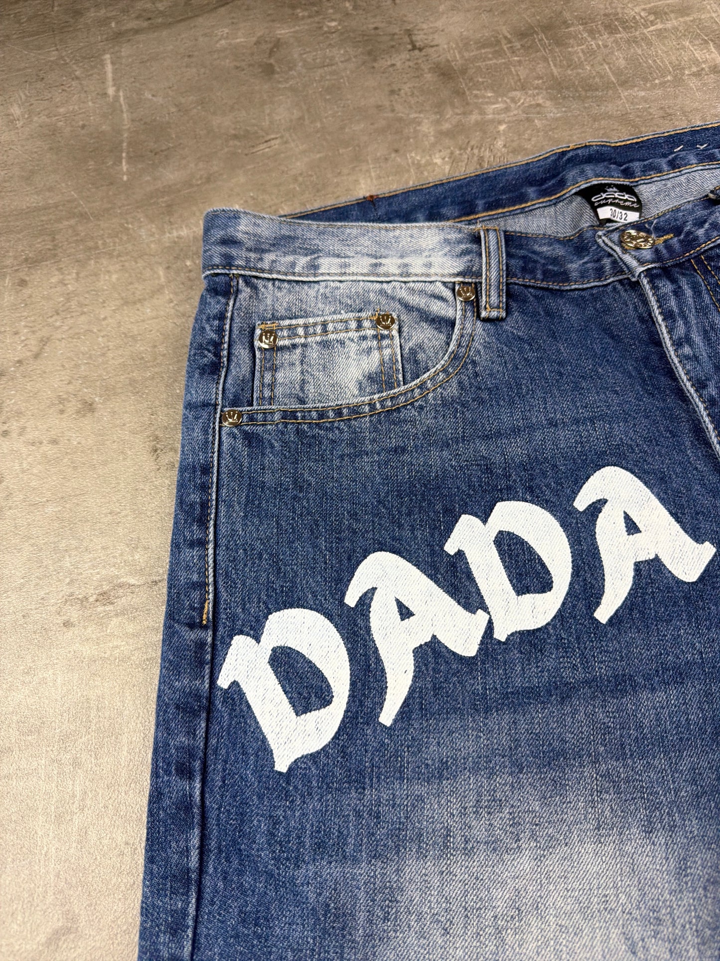 Dada Supreme Hip Hop Baggy Denim Jorts – Acid Washed / Printed Blue