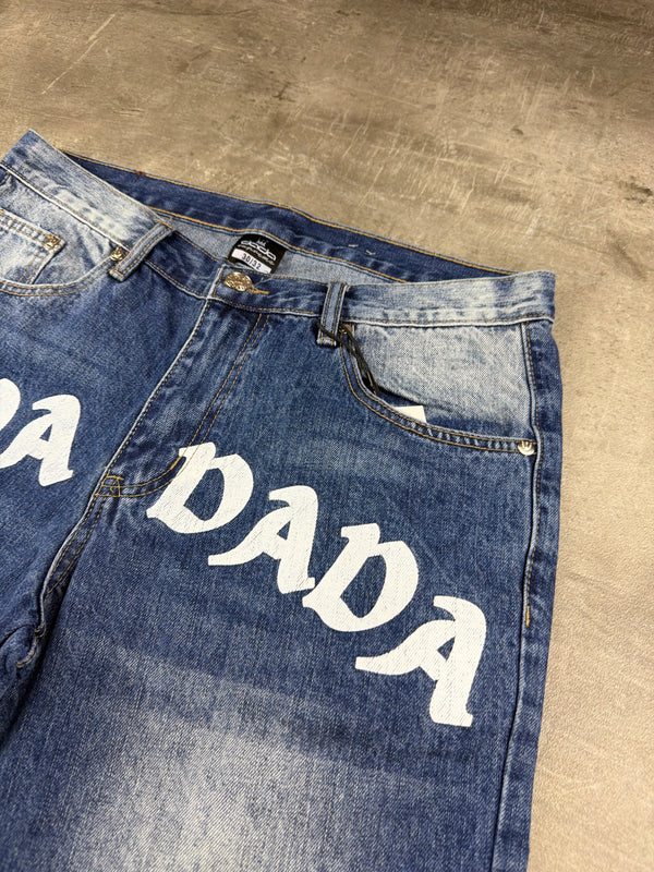 Dada Supreme Hip Hop Baggy Denim Jorts – Acid Washed / Printed Blue