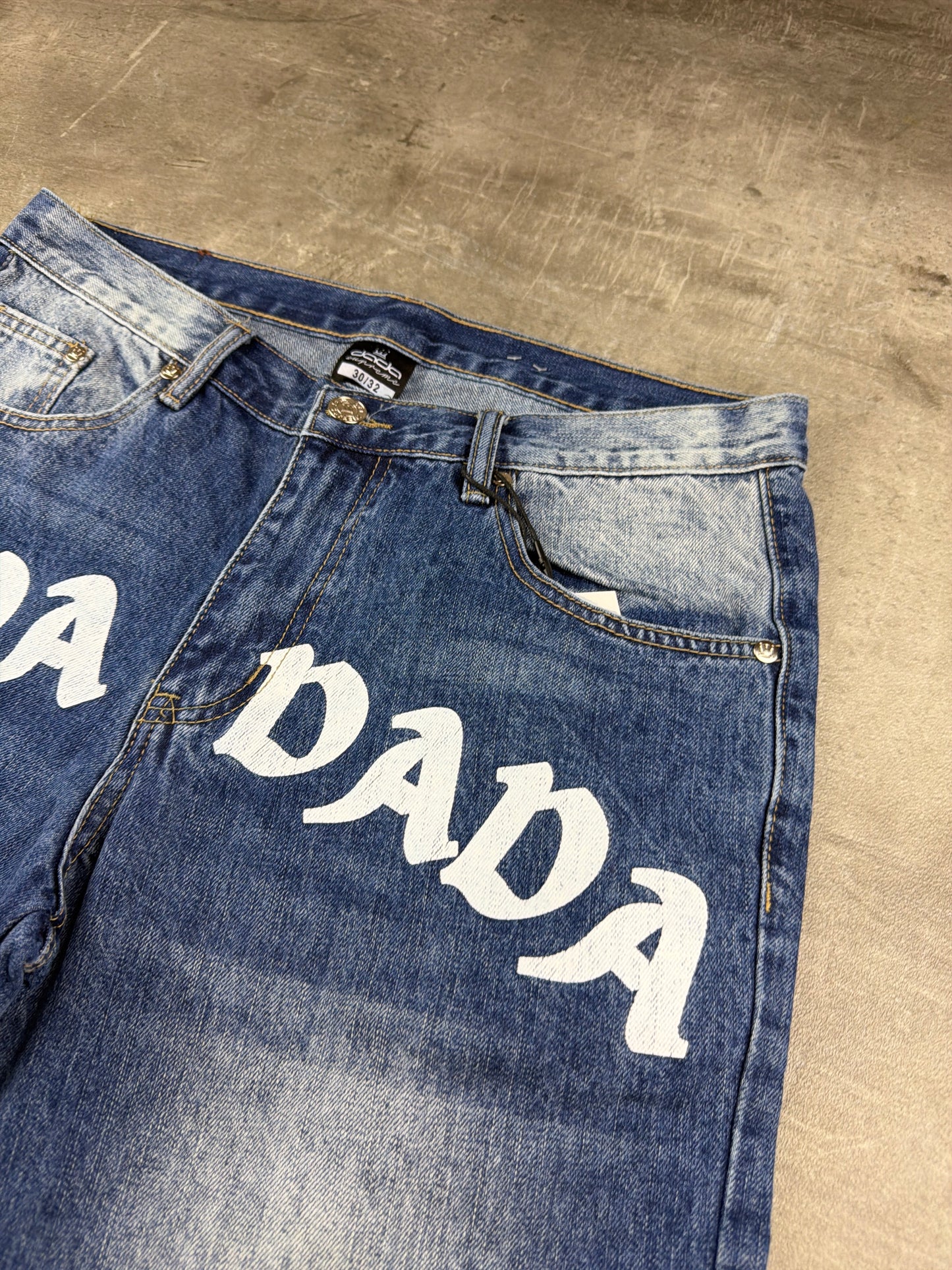 Dada Supreme Hip Hop Baggy Denim Jorts – Acid Washed / Printed Blue
