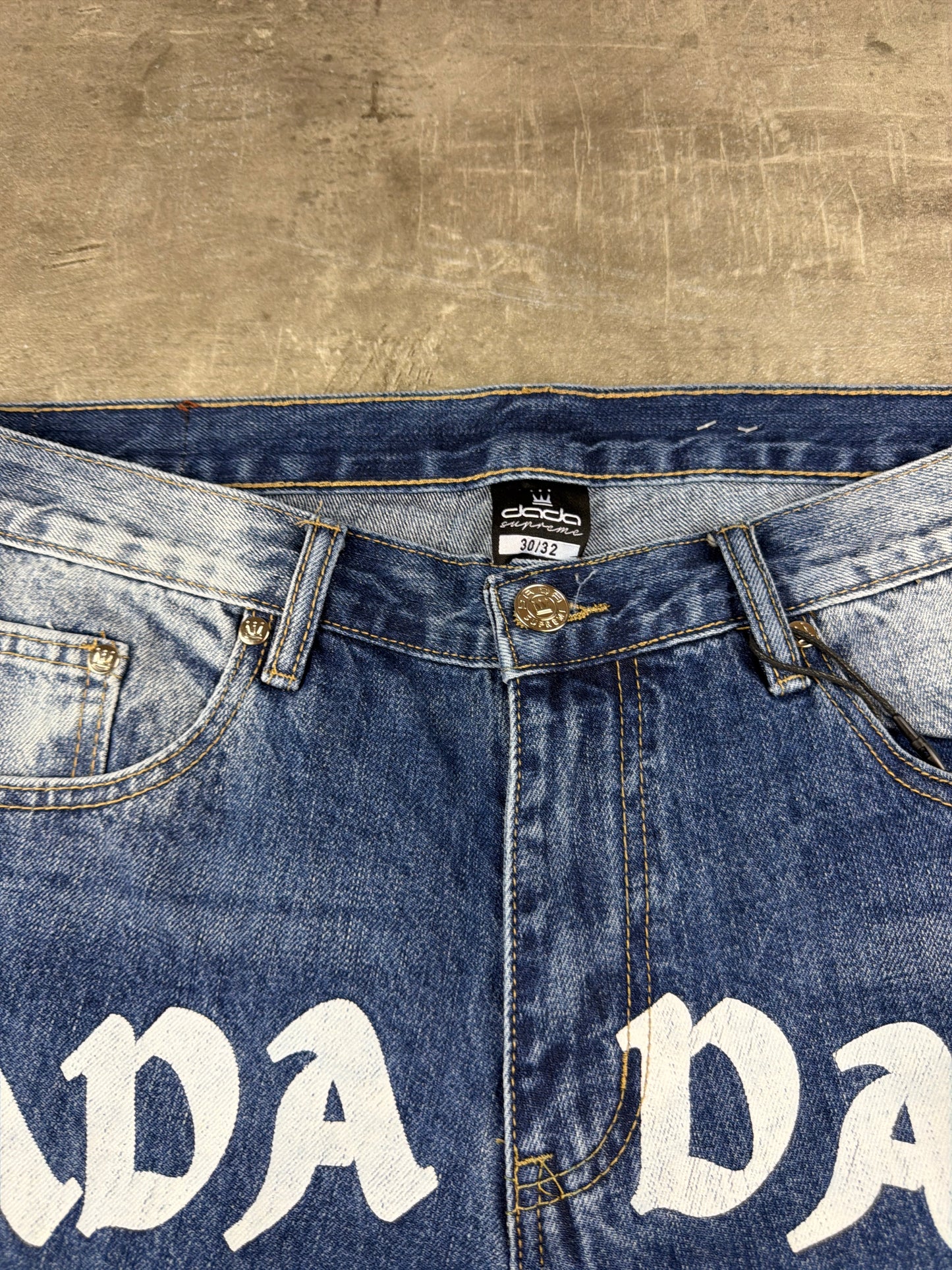 Dada Supreme Hip Hop Baggy Denim Jorts – Acid Washed / Printed Blue