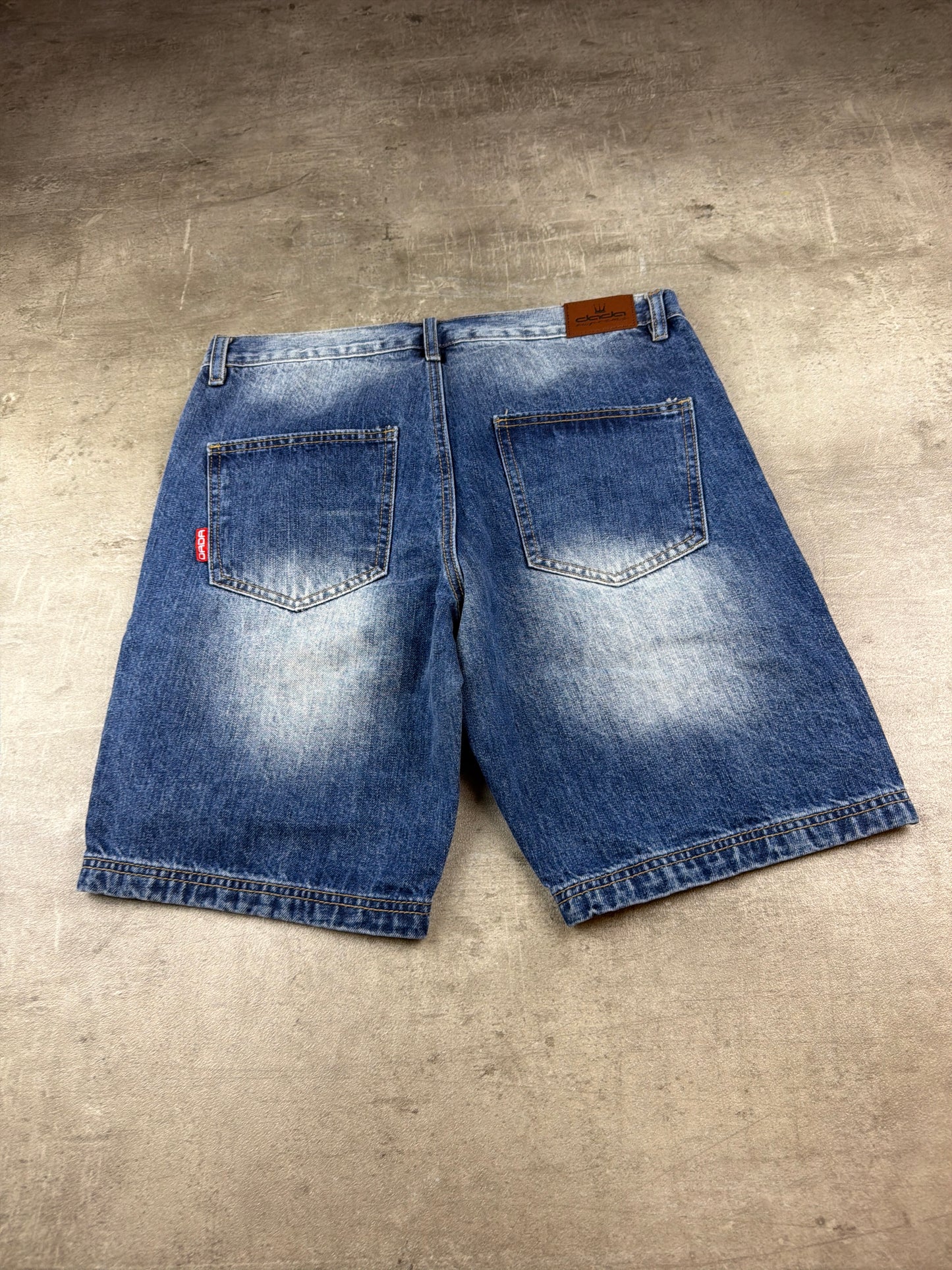 Dada Supreme Hip Hop Baggy Denim Jorts – Acid Washed / Printed Blue