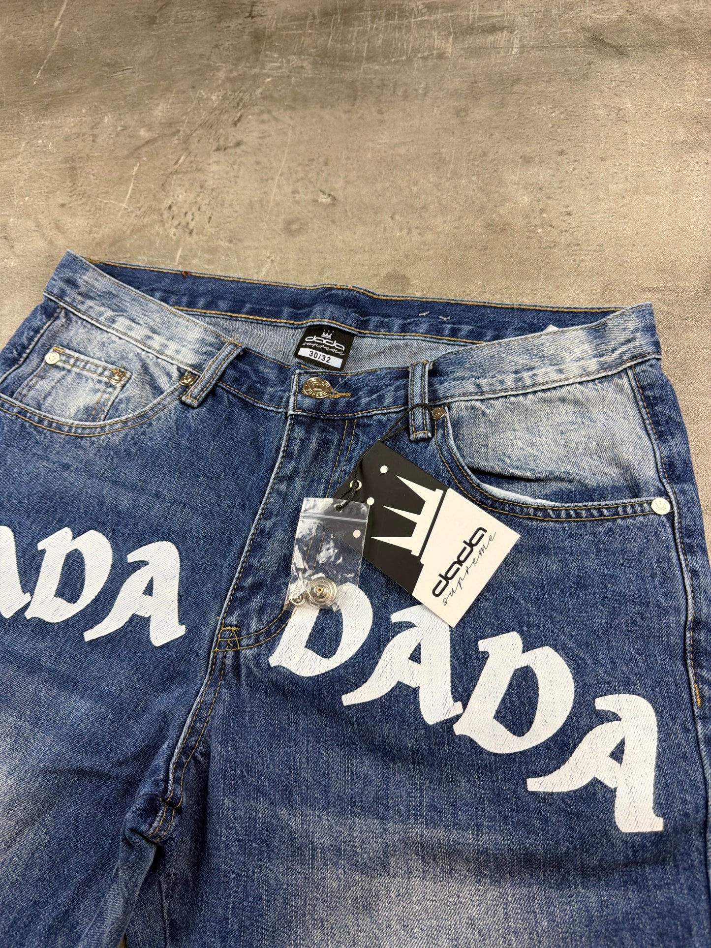 Dada Supreme Hip Hop Baggy Denim Jorts – Acid Washed / Printed Blue
