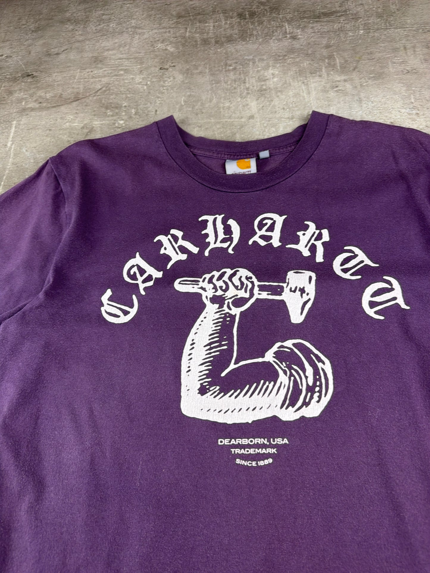 Carhartt WIP "Dearborn Arm & Hammer" Graphic Tee – Faded Purple / Gothic Font Y2K Streetwear