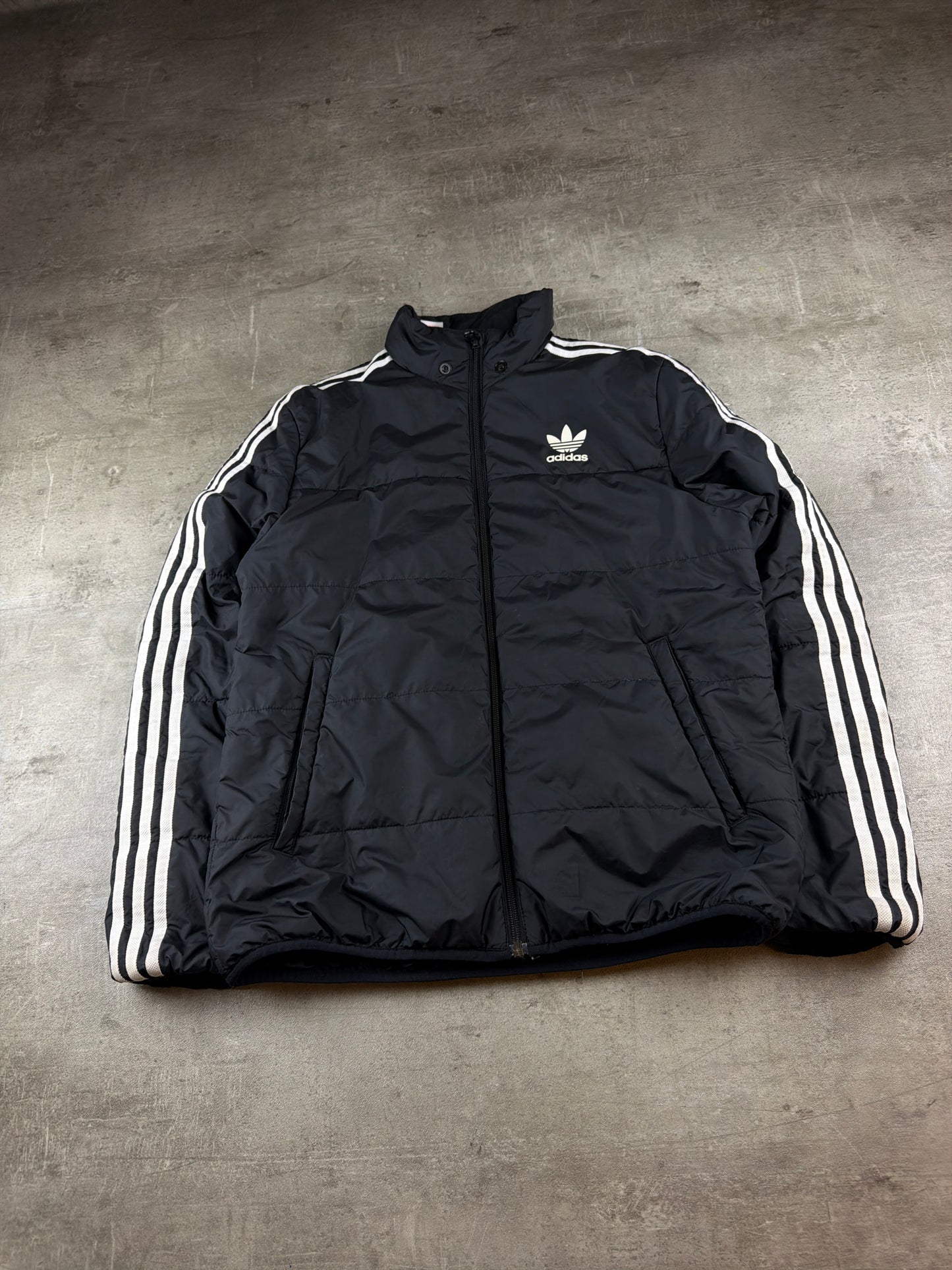 Adidas Originals Puffer Jacket - Black / White Stripes Y2K Streetwear