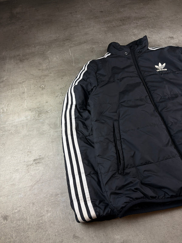 Adidas Originals Puffer Jacket - Black / White Stripes Y2K Streetwear