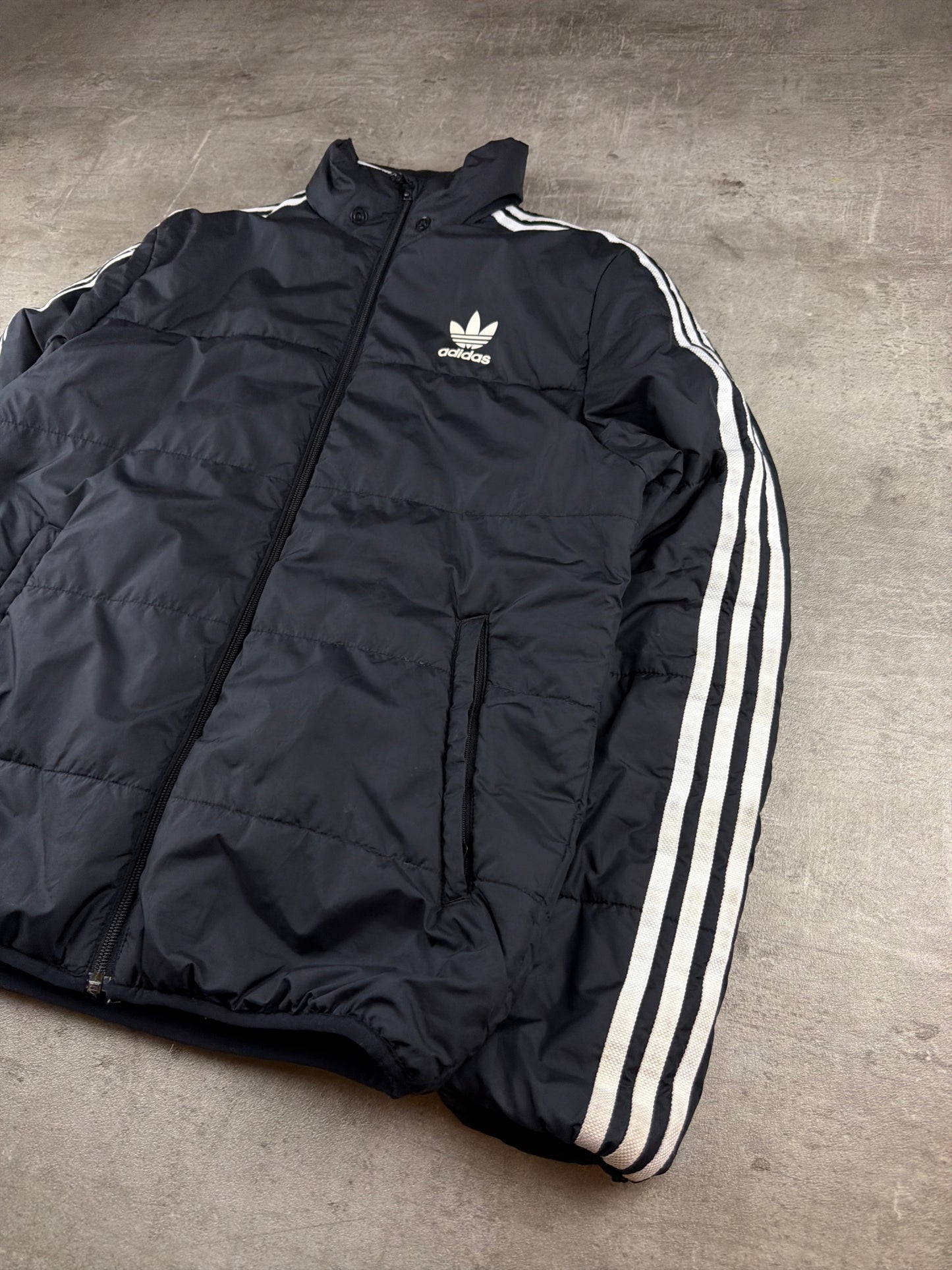 Adidas Originals Puffer Jacket - Black / White Stripes Y2K Streetwear