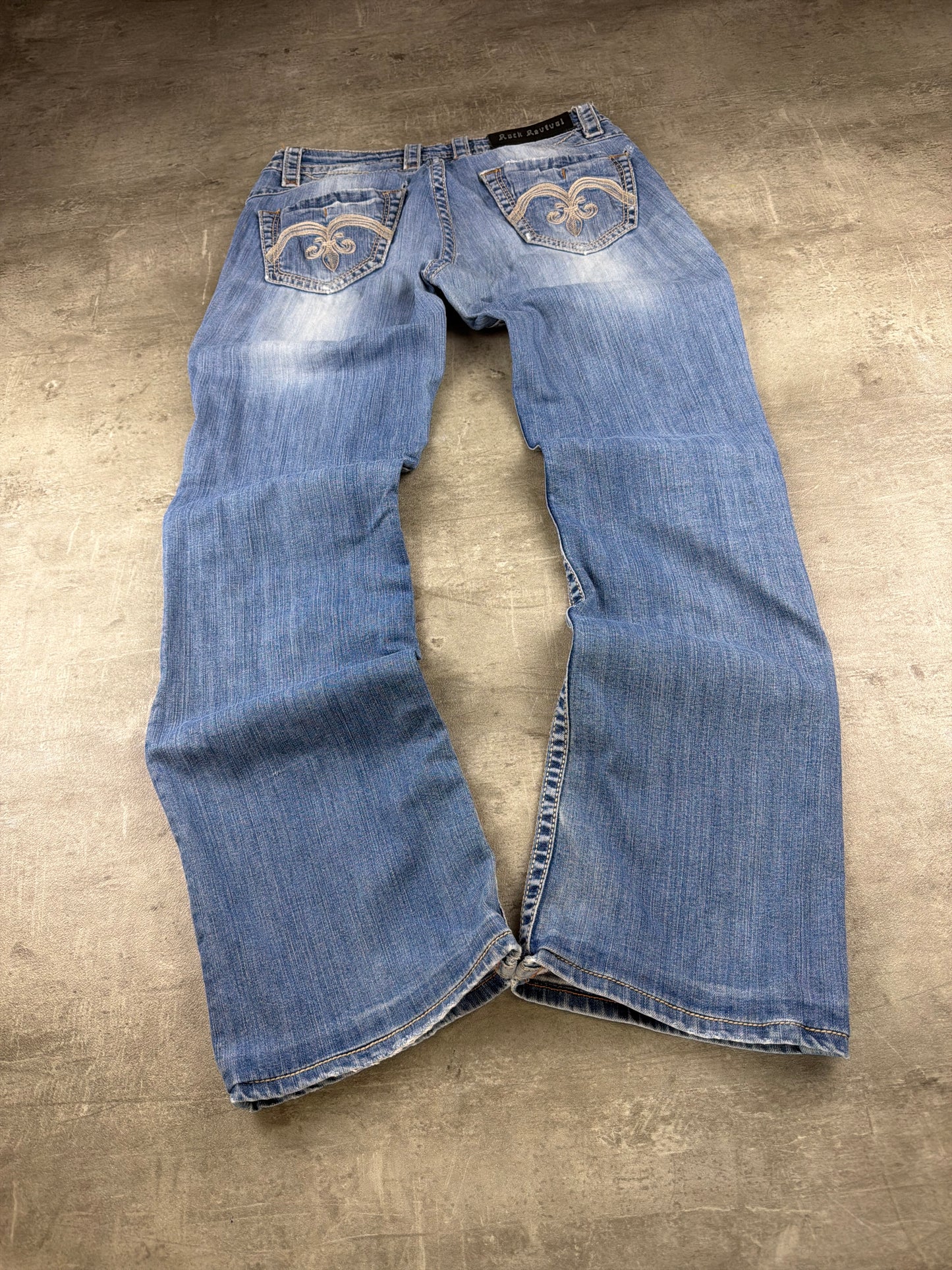 Rock Revival Fleur-De-Lis Embroidered Bootcut Denim Jeans – Faded Light Blue Wash / Y2K Grunge Aesthetic