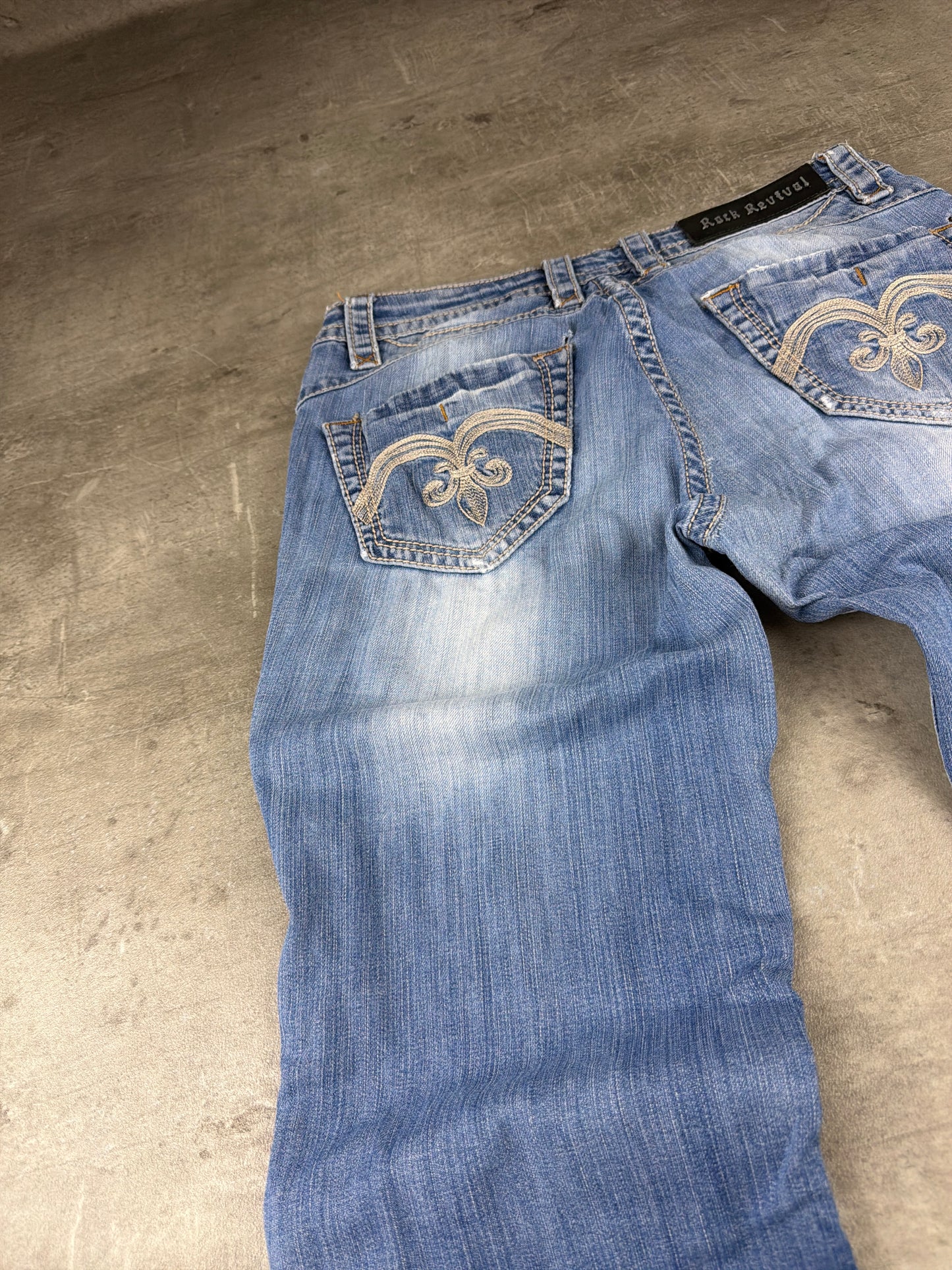 Rock Revival Fleur-De-Lis Embroidered Bootcut Denim Jeans – Faded Light Blue Wash / Y2K Grunge Aesthetic