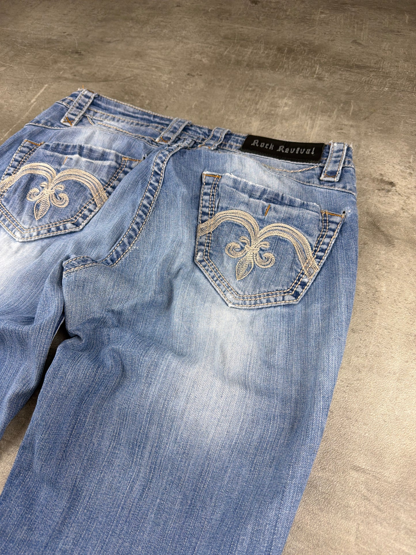 Rock Revival Fleur-De-Lis Embroidered Bootcut Denim Jeans – Faded Light Blue Wash / Y2K Grunge Aesthetic