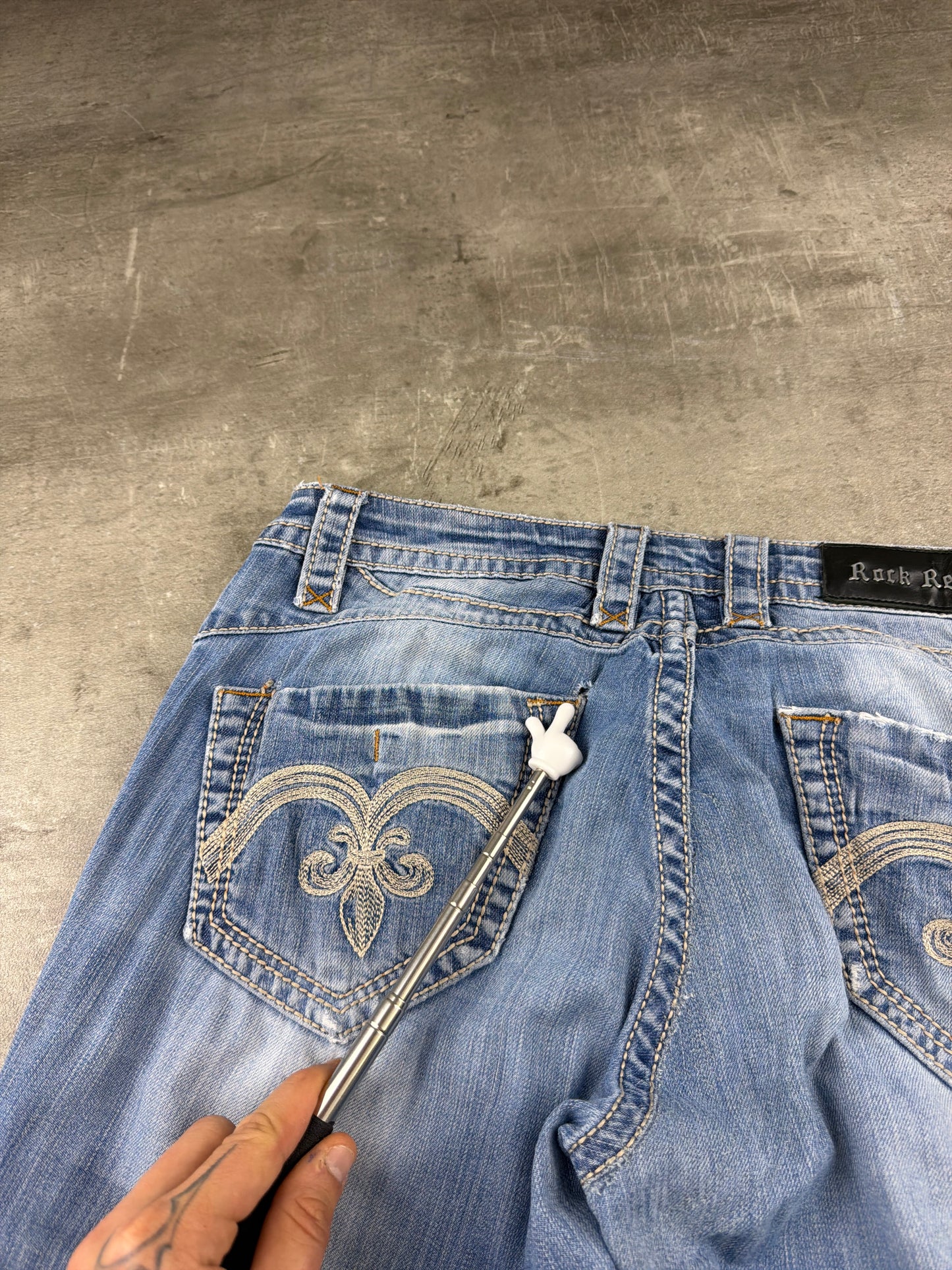 Rock Revival Fleur-De-Lis Embroidered Bootcut Denim Jeans – Faded Light Blue Wash / Y2K Grunge Aesthetic