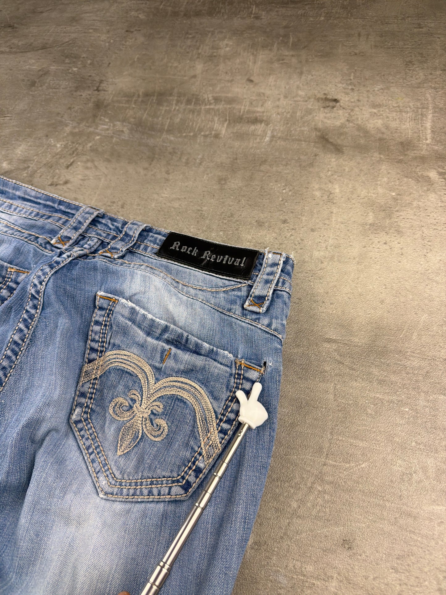 Rock Revival Fleur-De-Lis Embroidered Bootcut Denim Jeans – Faded Light Blue Wash / Y2K Grunge Aesthetic