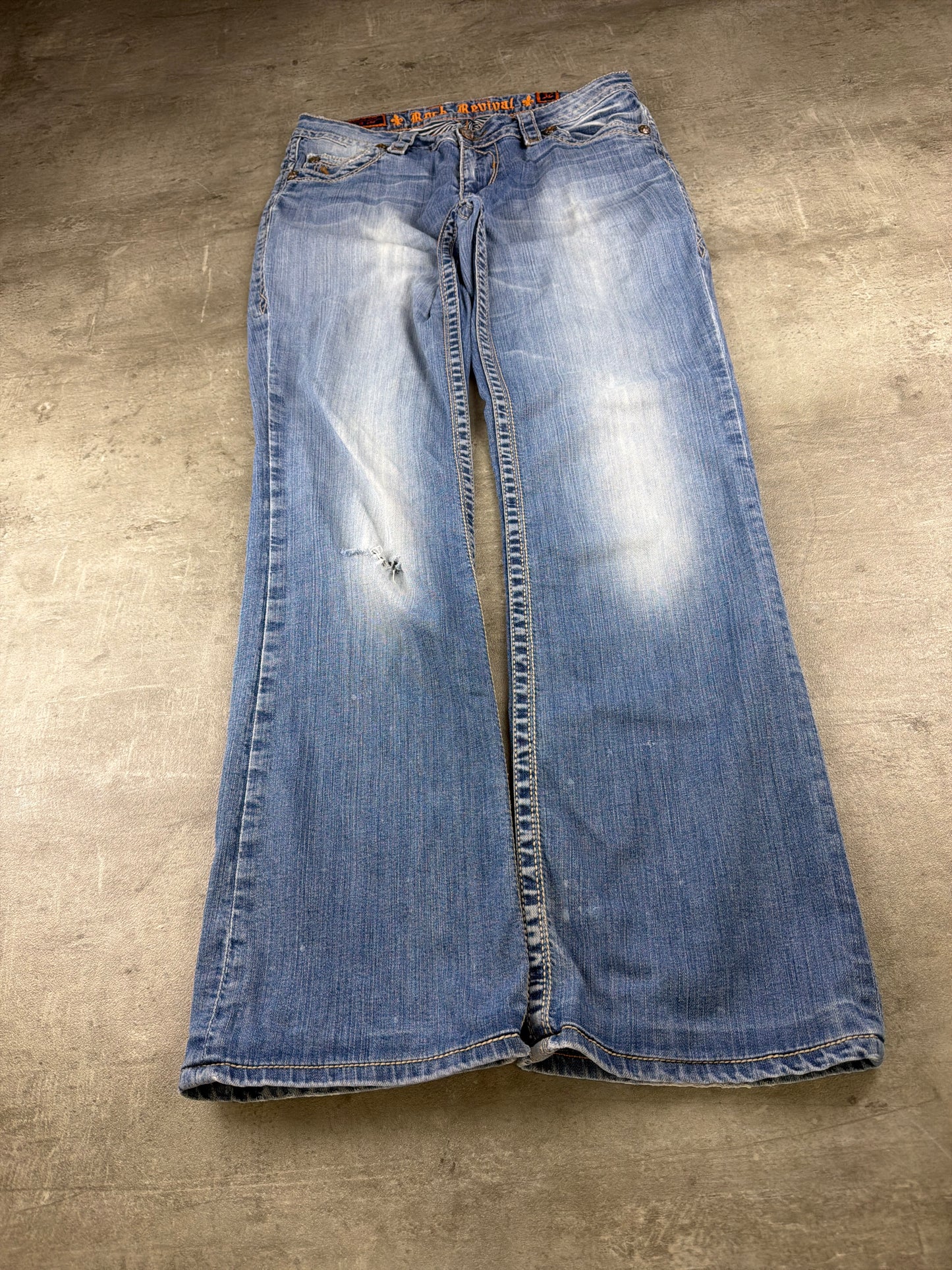 Rock Revival Fleur-De-Lis Embroidered Bootcut Denim Jeans – Faded Light Blue Wash / Y2K Grunge Aesthetic