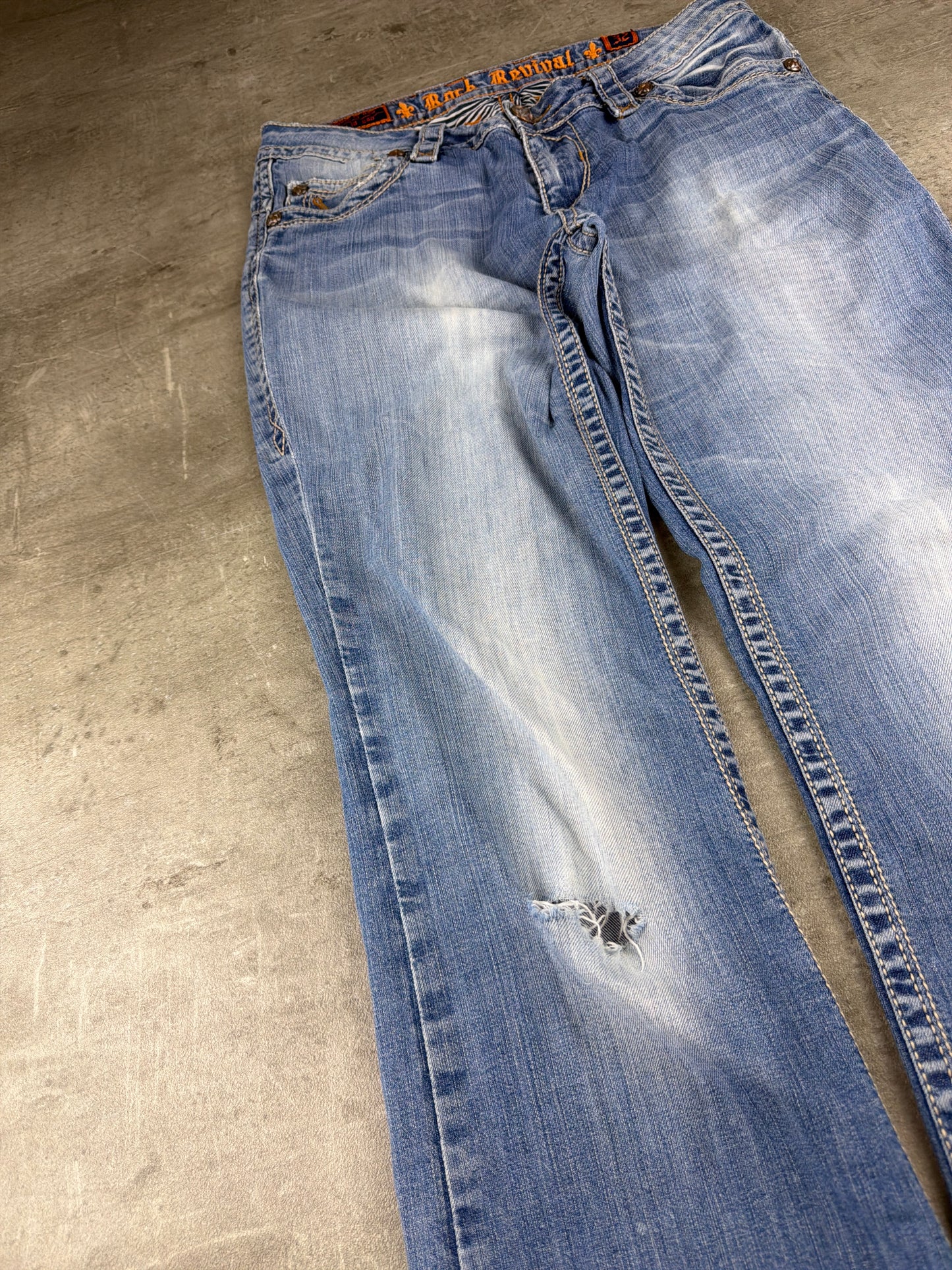 Rock Revival Fleur-De-Lis Embroidered Bootcut Denim Jeans – Faded Light Blue Wash / Y2K Grunge Aesthetic