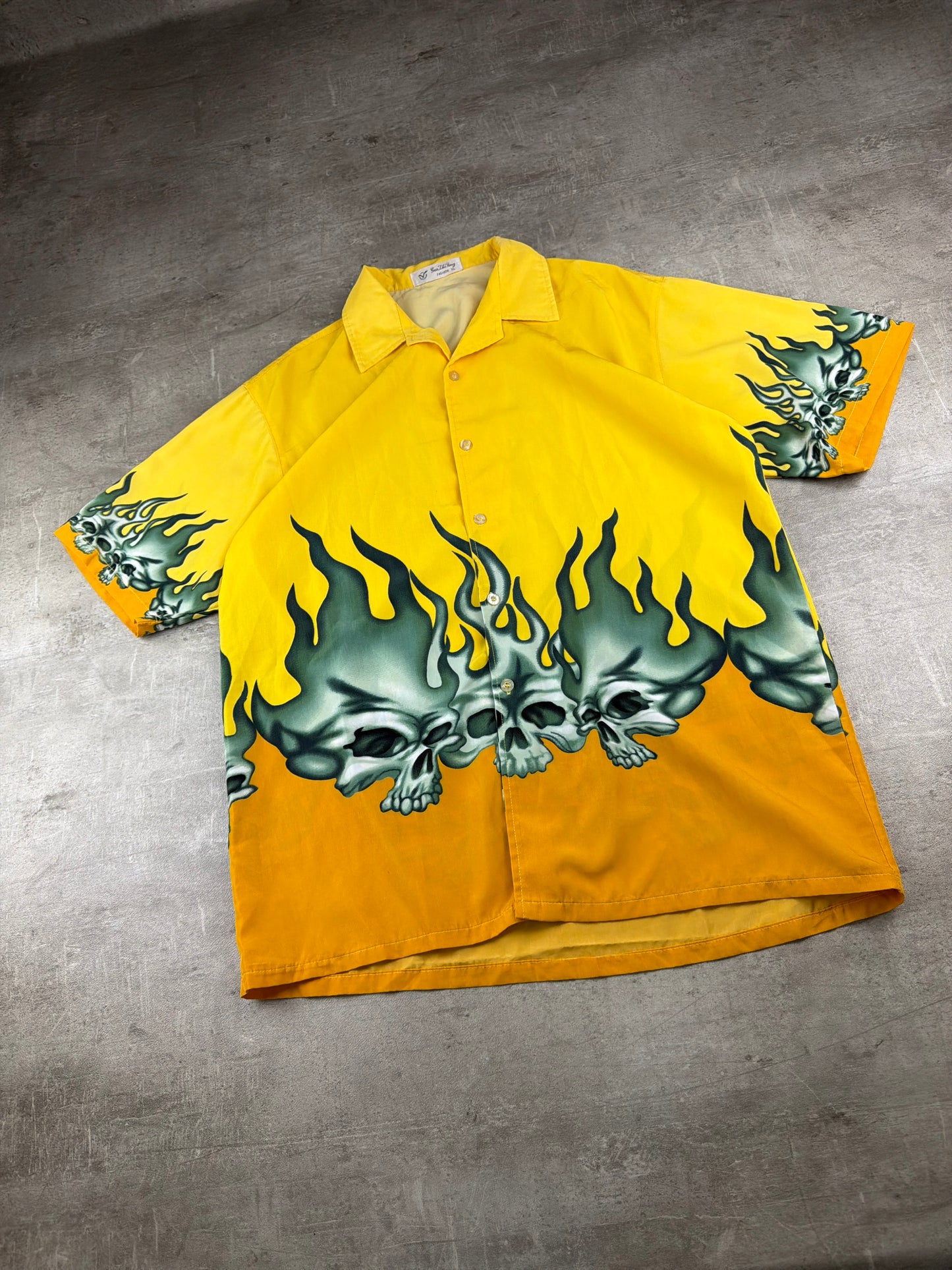 Vintage 2000s Flame Skulls All-Over Bowling Shirt – Yellow / Cyber Grunge