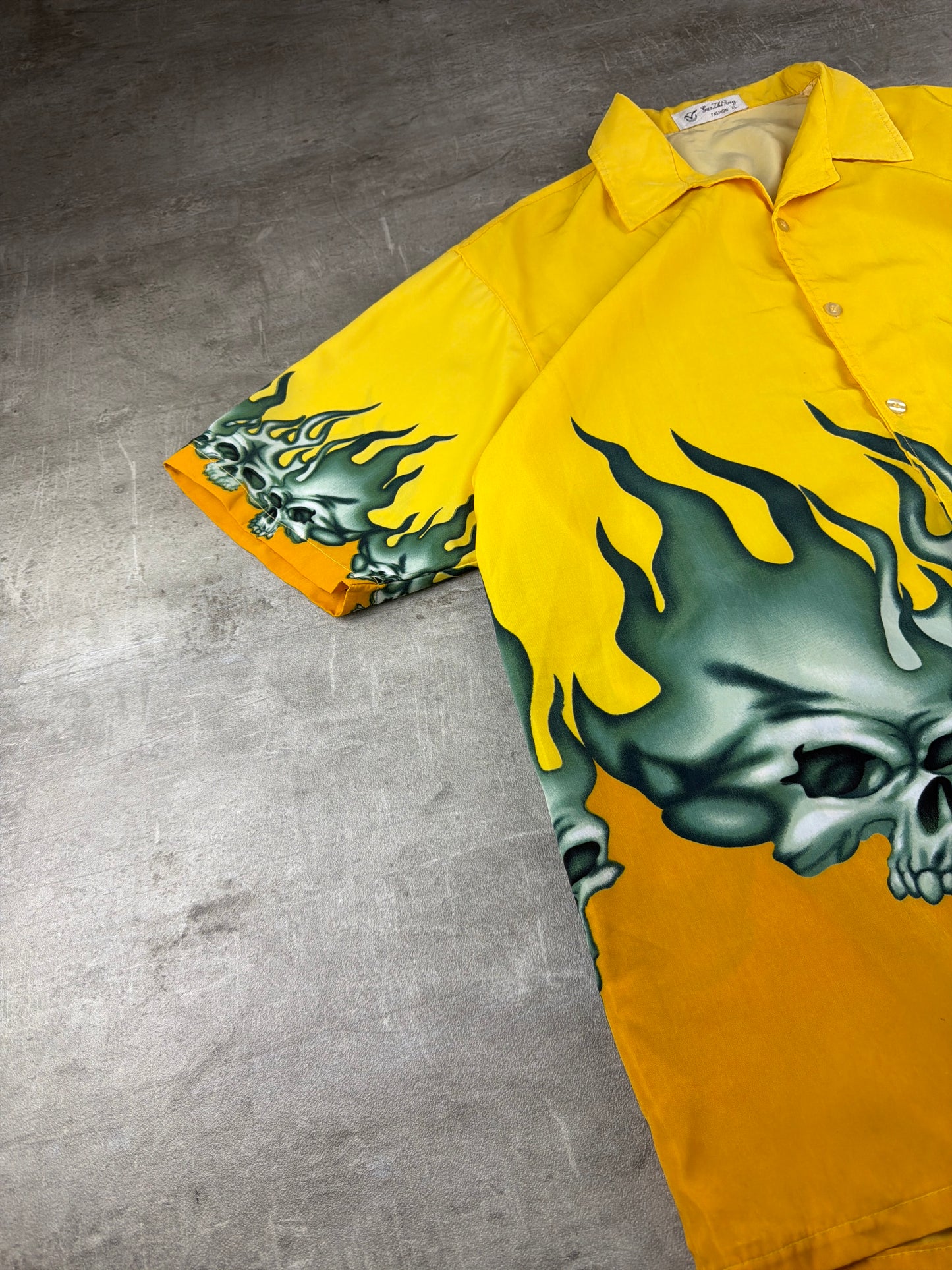 Vintage 2000s Flame Skulls All-Over Bowling Shirt – Yellow / Cyber Grunge