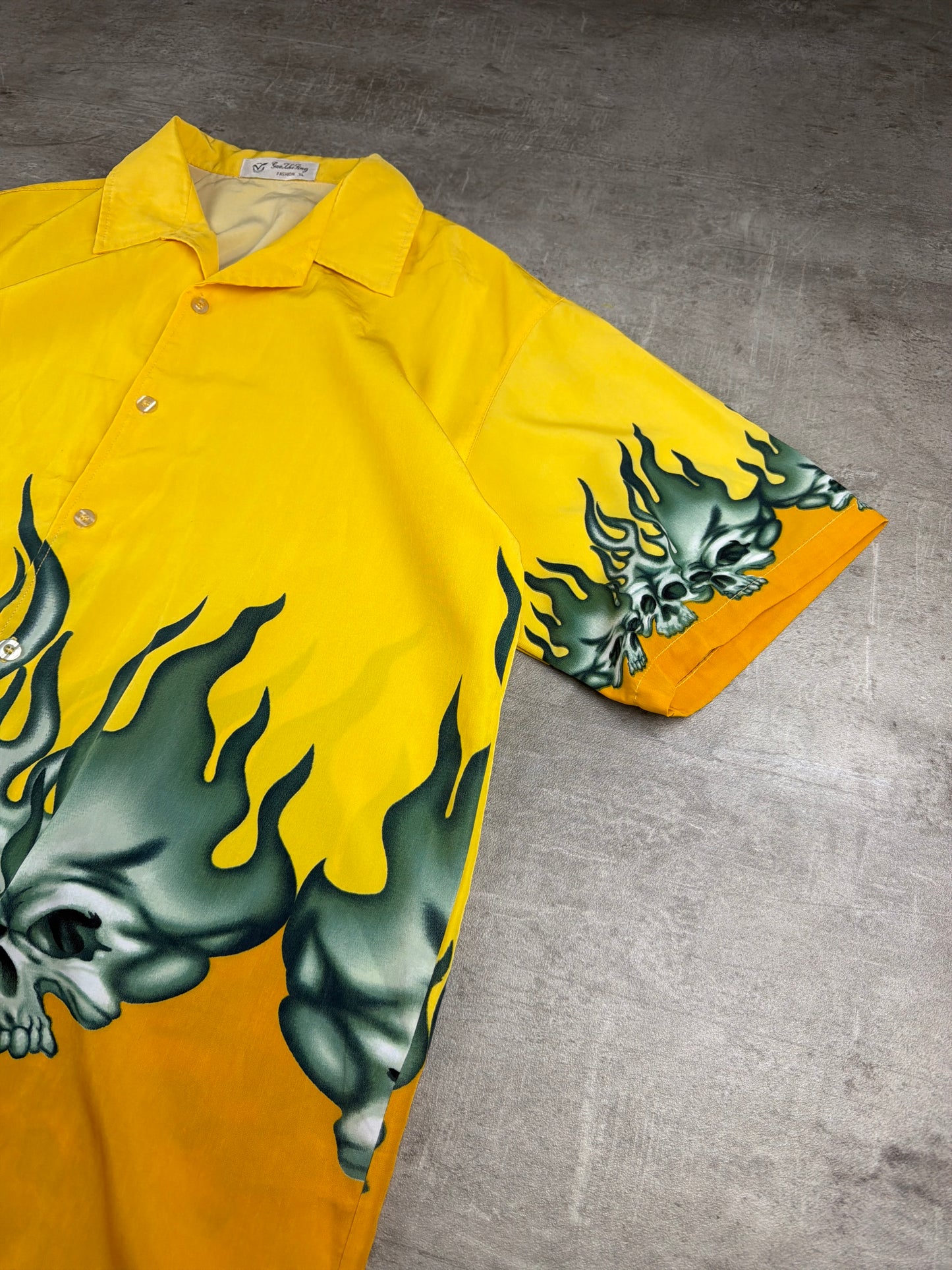 Vintage 2000s Flame Skulls All-Over Bowling Shirt – Yellow / Cyber Grunge
