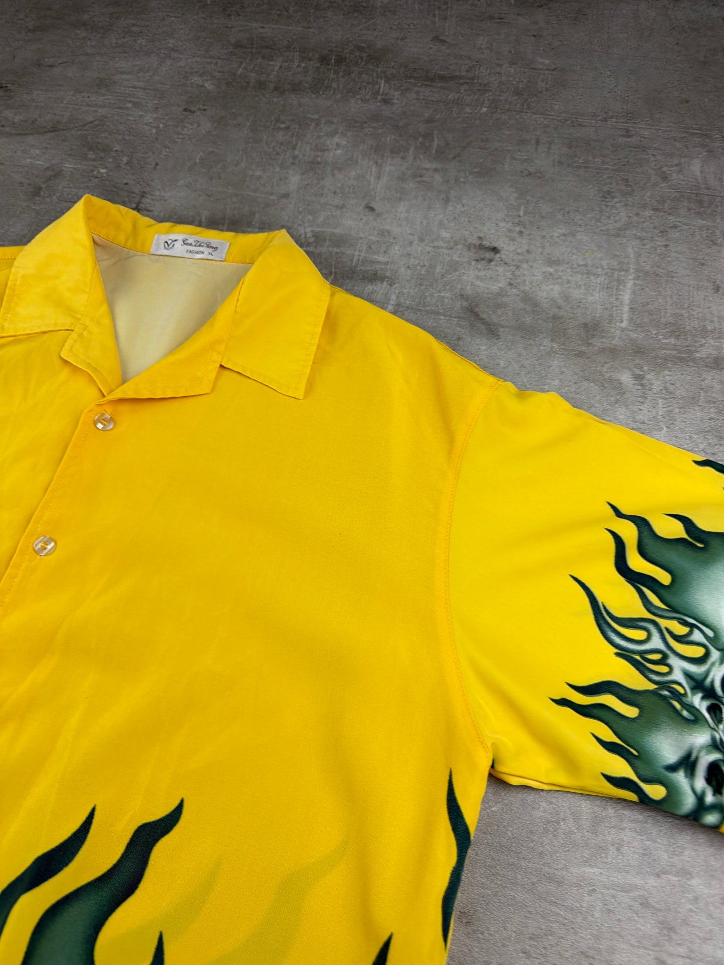 Vintage 2000s Flame Skulls All-Over Bowling Shirt – Yellow / Cyber Grunge