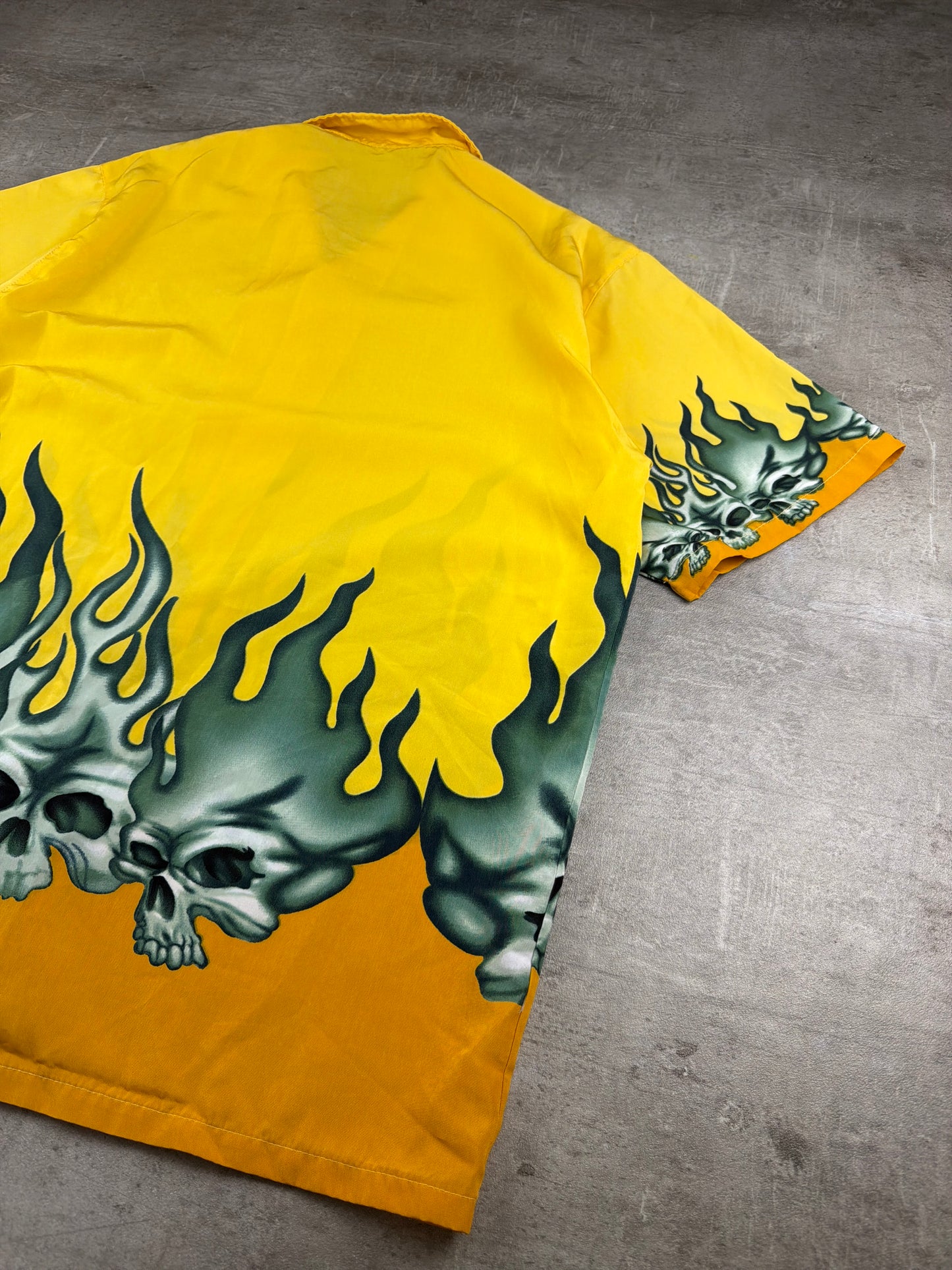Vintage 2000s Flame Skulls All-Over Bowling Shirt – Yellow / Cyber Grunge
