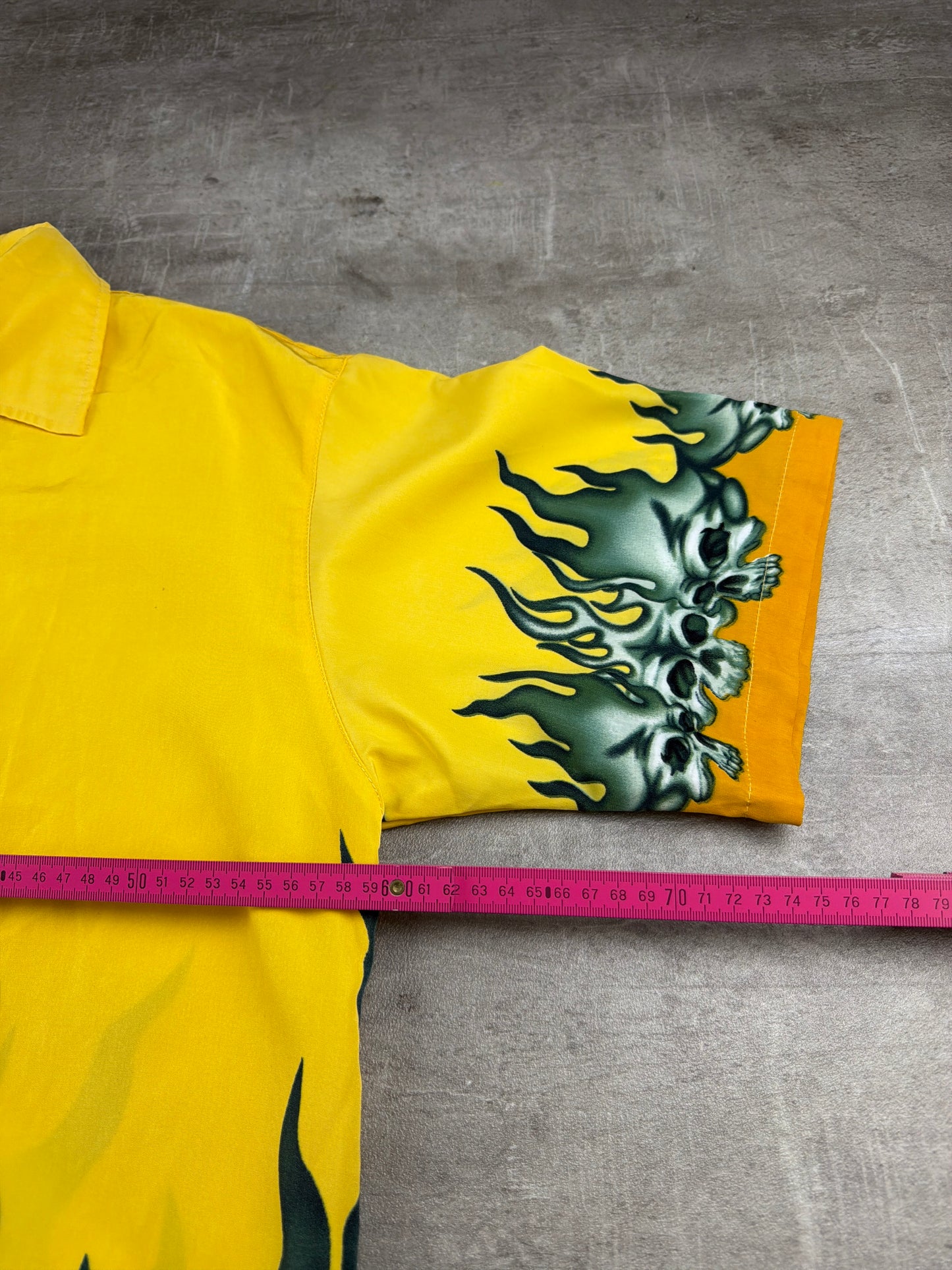 Vintage 2000s Flame Skulls All-Over Bowling Shirt – Yellow / Cyber Grunge
