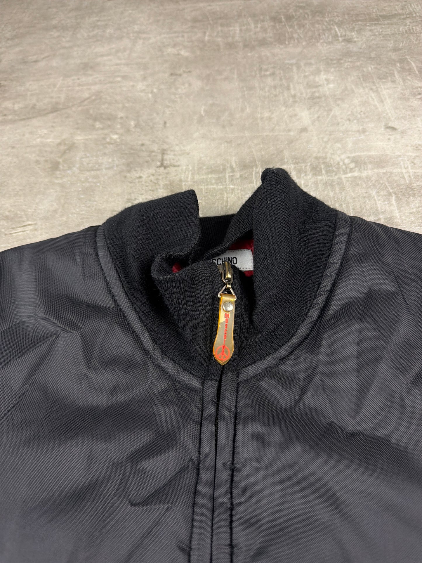 Moschino Jeans Archive Peace Patch Bomber Jacket – All Black / Red Lining
