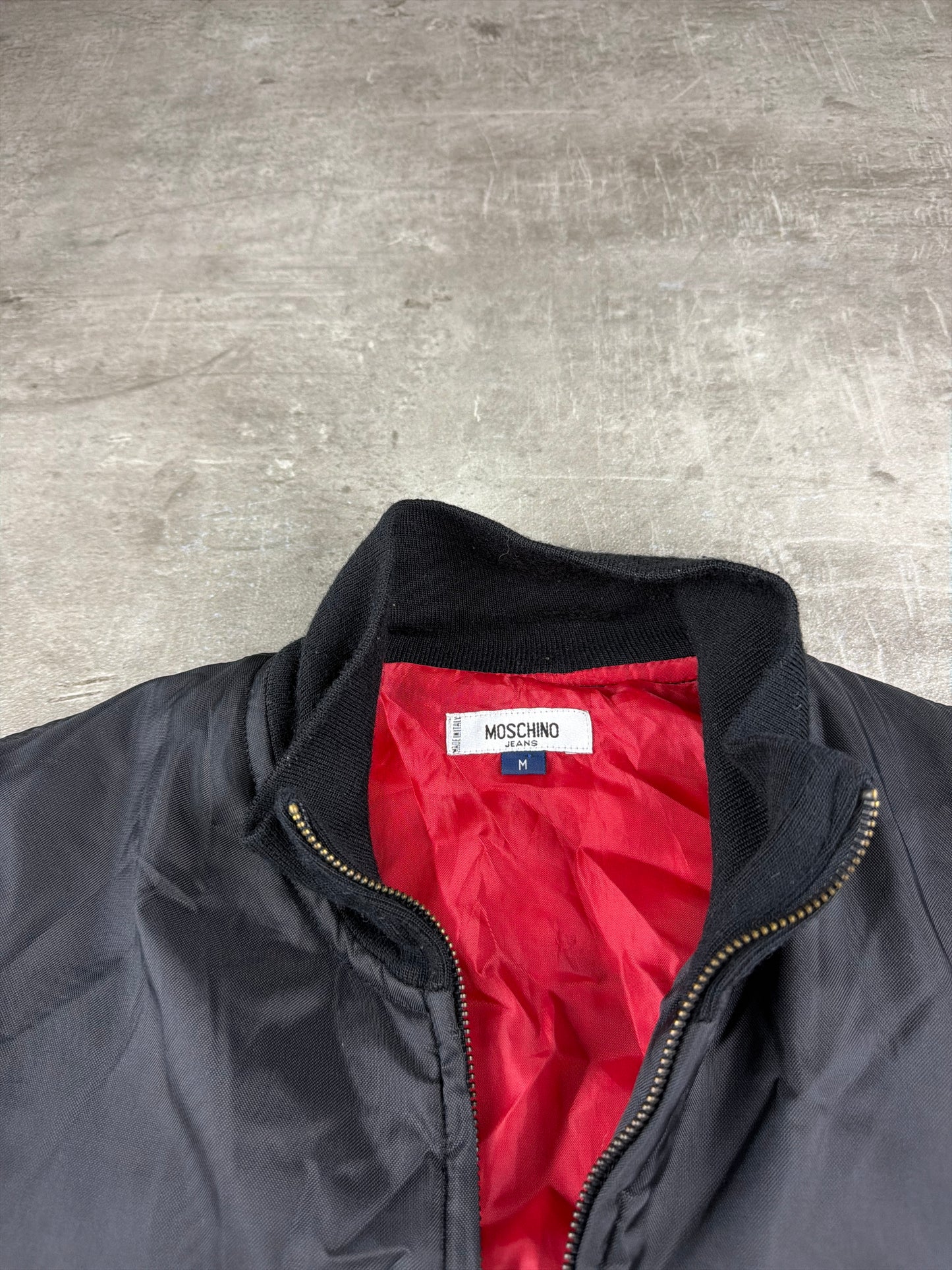 Moschino Jeans Archive Peace Patch Bomber Jacket – All Black / Red Lining