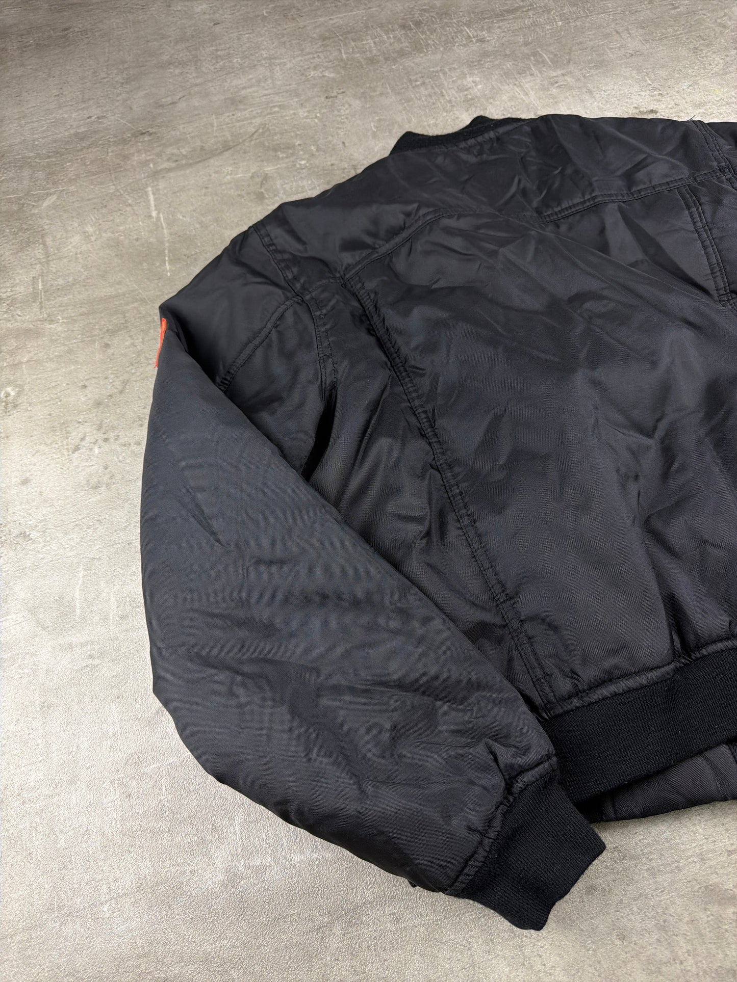 Moschino Jeans Archive Peace Patch Bomber Jacket – All Black / Red Lining