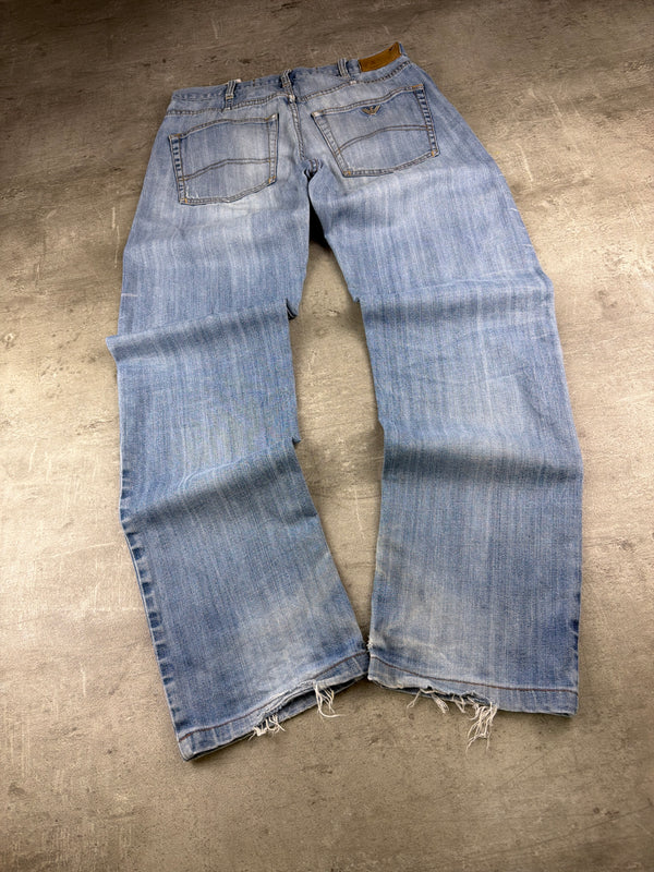 Armani Jeans Archive Metal Eagle "AJ" Denim Pants - Light Blue Washed / Distressed Vintage Y2K