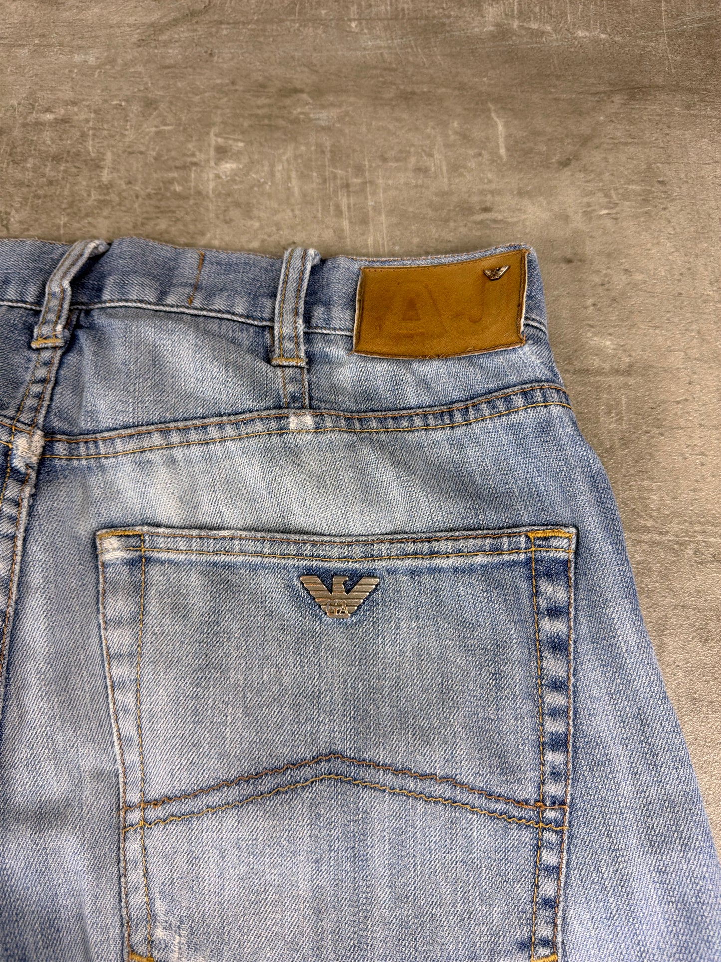 Armani Jeans Archive Metal Eagle "AJ" Denim Pants - Light Blue Washed / Distressed Vintage Y2K