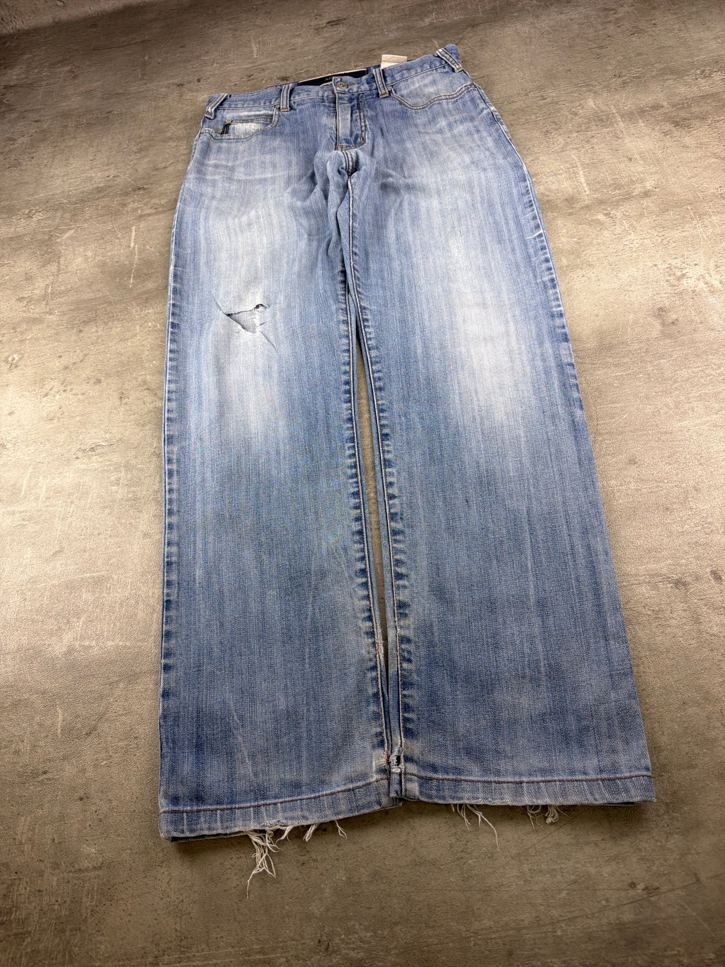 Armani Jeans Archive Metal Eagle "AJ" Denim Pants - Light Blue Washed / Distressed Vintage Y2K