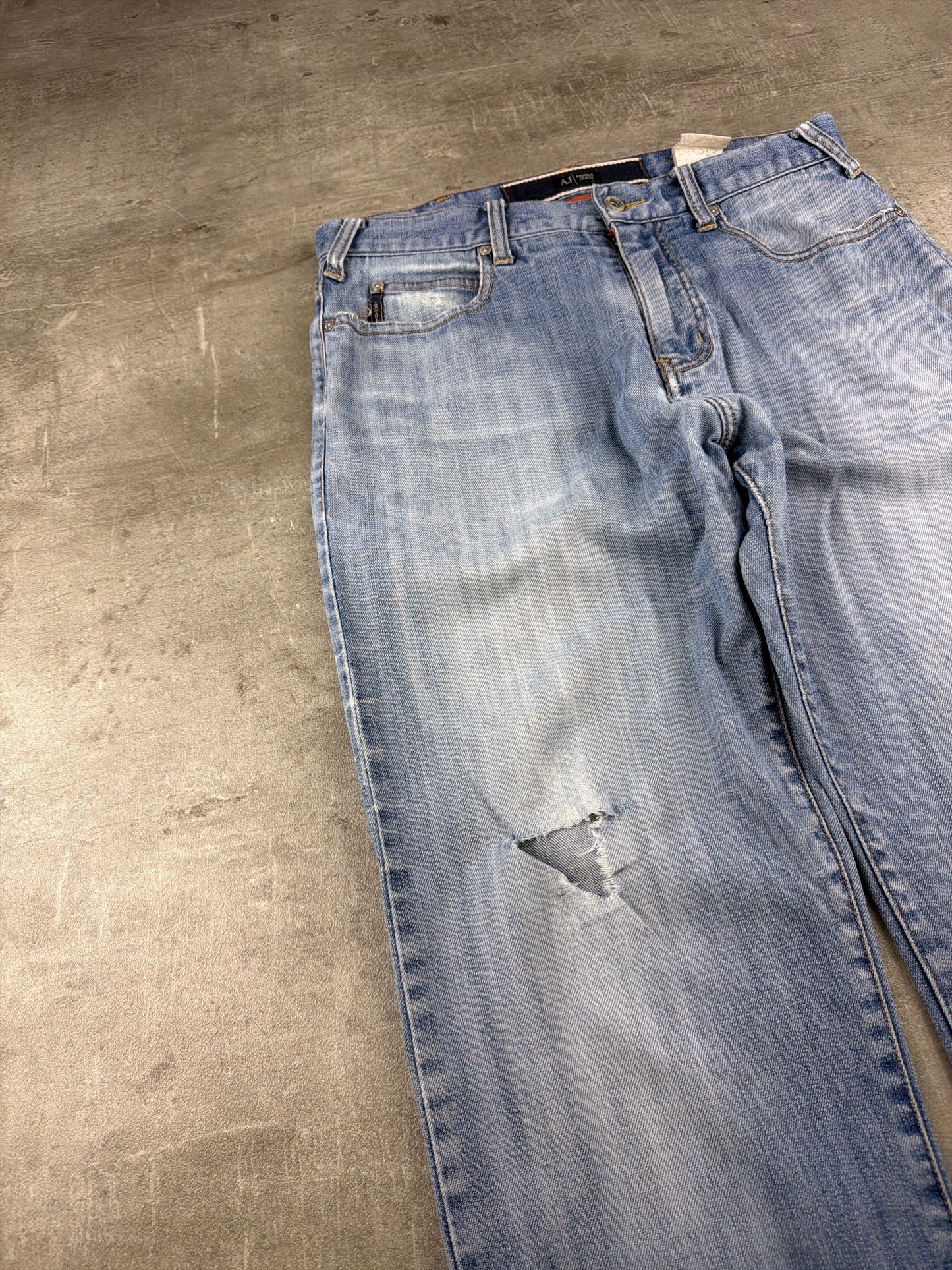 Armani Jeans Archive Metal Eagle "AJ" Denim Pants - Light Blue Washed / Distressed Vintage Y2K
