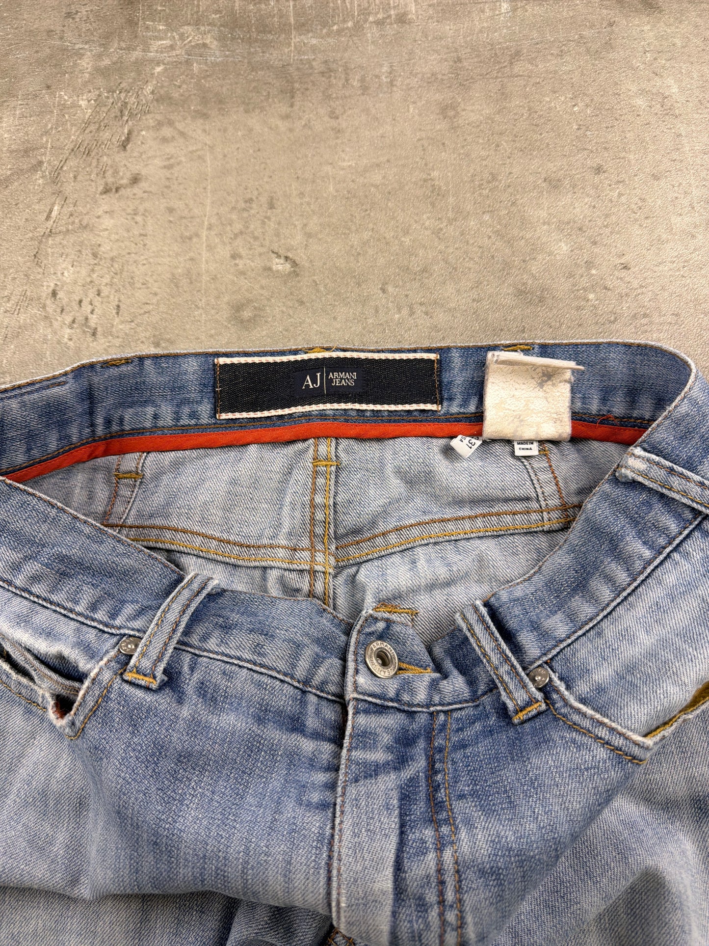 Armani Jeans Archive Metal Eagle "AJ" Denim Pants - Light Blue Washed / Distressed Vintage Y2K