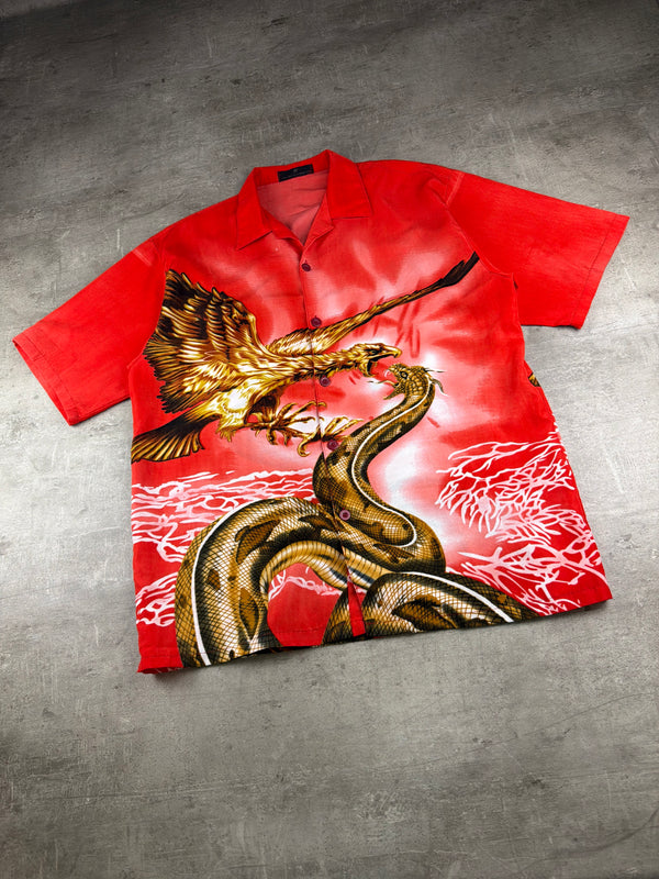 Vintage Y2K "Eagle & Serpent" Resort Shirt - Crimson Red Graphic Print
