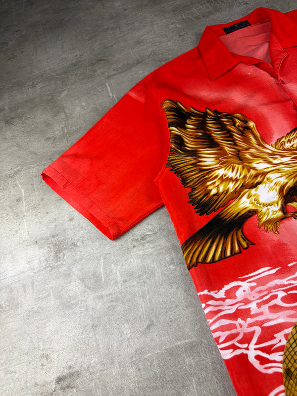 Vintage Y2K "Eagle & Serpent" Resort Shirt - Crimson Red Graphic Print