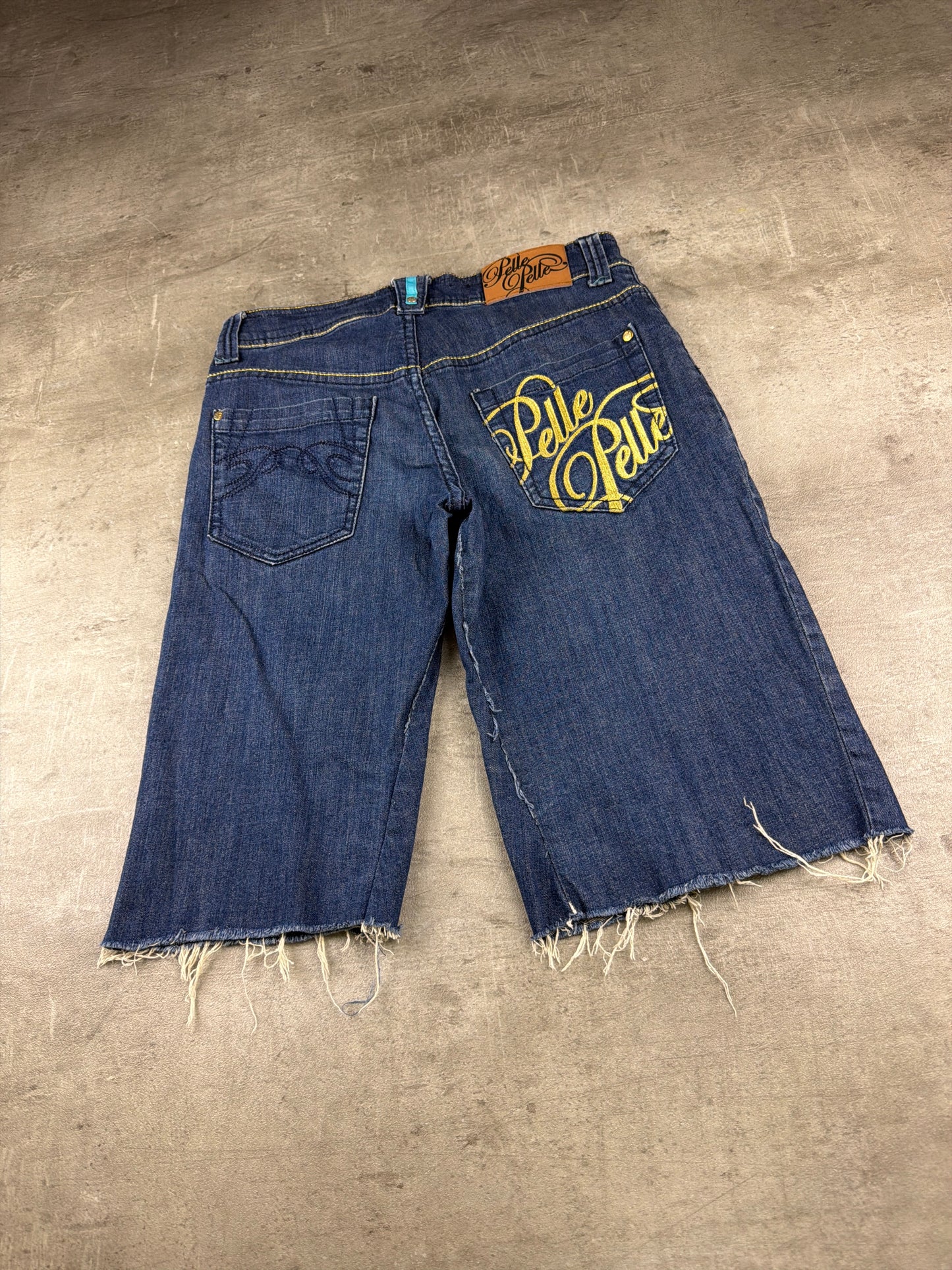 Pelle Pelle "Spellout" Baggy Denim Jorts - Dark Wash Yellow