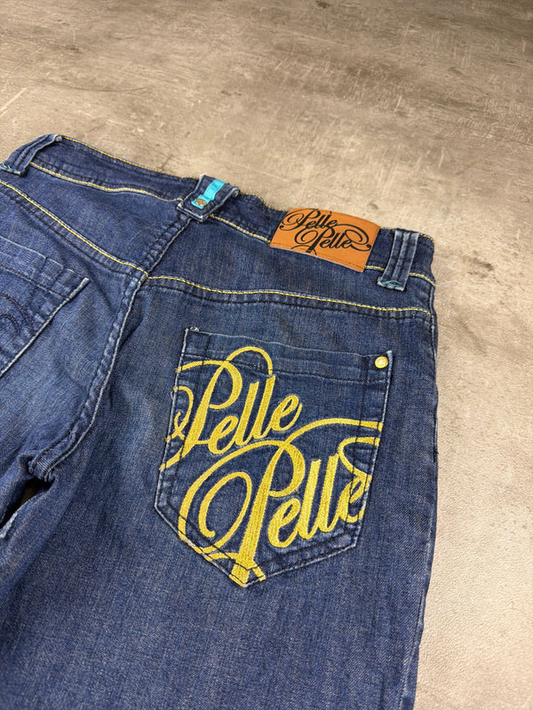 Pelle Pelle "Spellout" Baggy Denim Jorts - Dark Wash Yellow