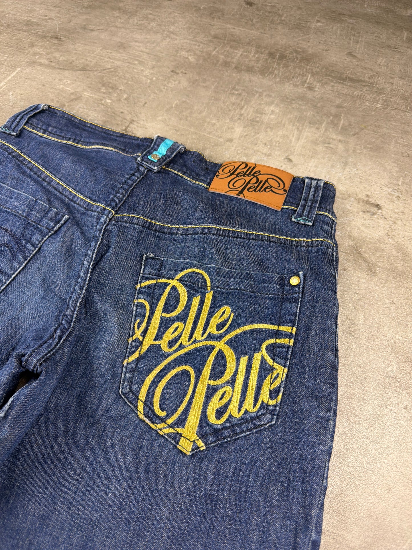 Pelle Pelle "Spellout" Baggy Denim Jorts - Dark Wash Yellow