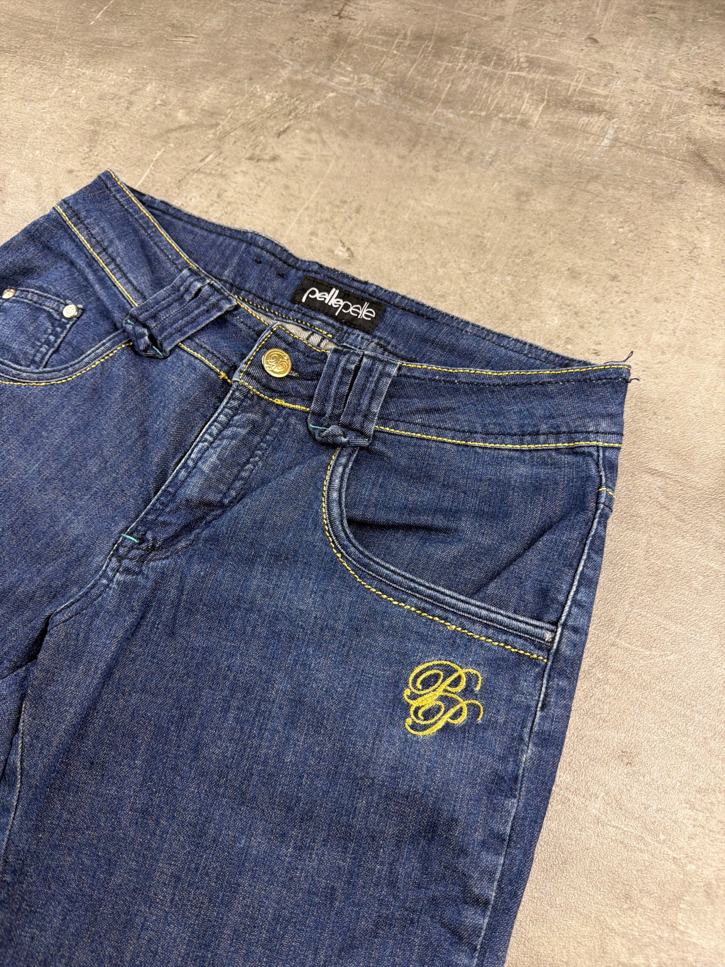 Pelle Pelle "Spellout" Baggy Denim Jorts - Dark Wash Yellow