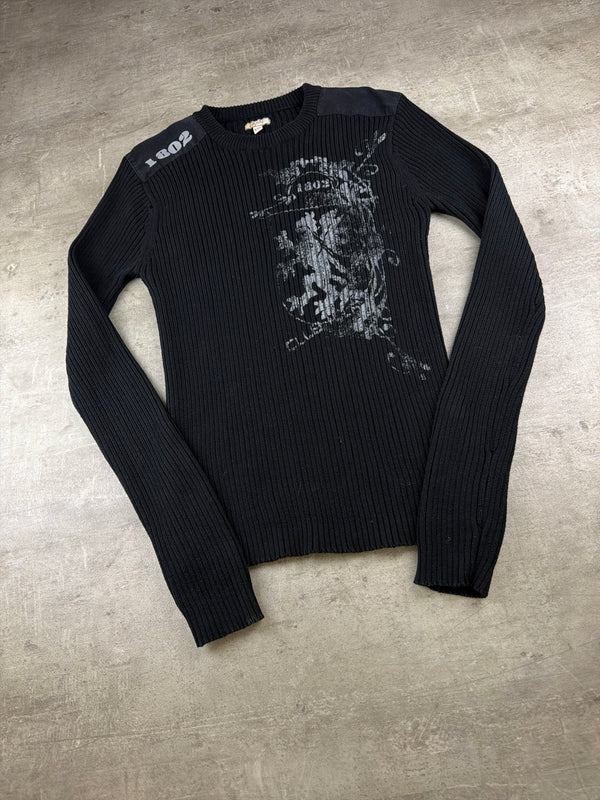 Y2K Cyber Grunge "1802" Ribbed Knit Sweater - Faded Black