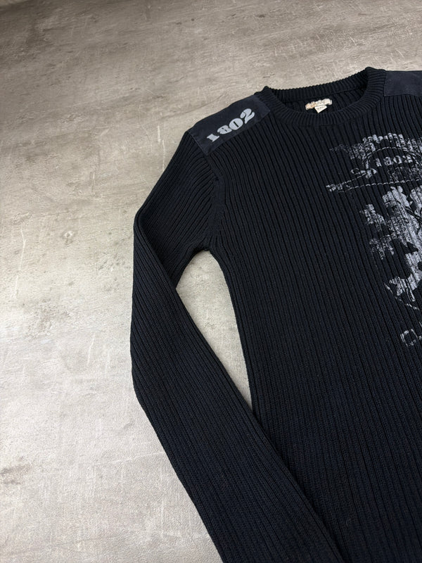 Y2K Cyber Grunge "1802" Ribbed Knit Sweater - Faded Black