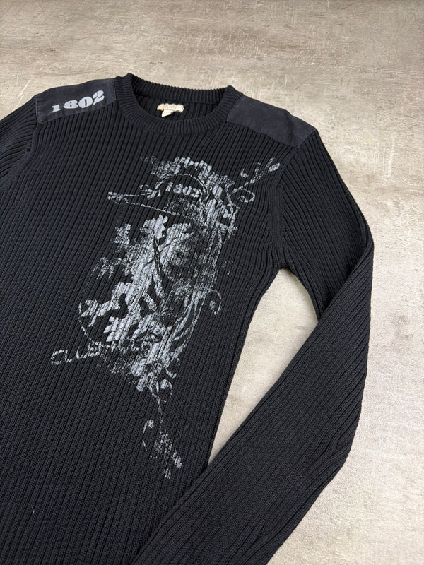 Y2K Cyber Grunge "1802" Ribbed Knit Sweater - Faded Black