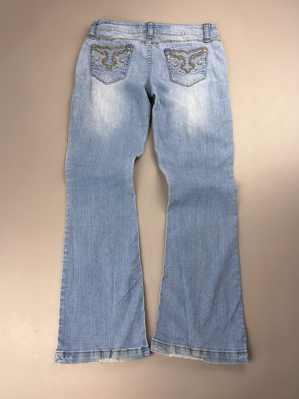WallFlower "Stardust" Low Waist Flared Denim - Embroidered Cyber Y2K Light Wash