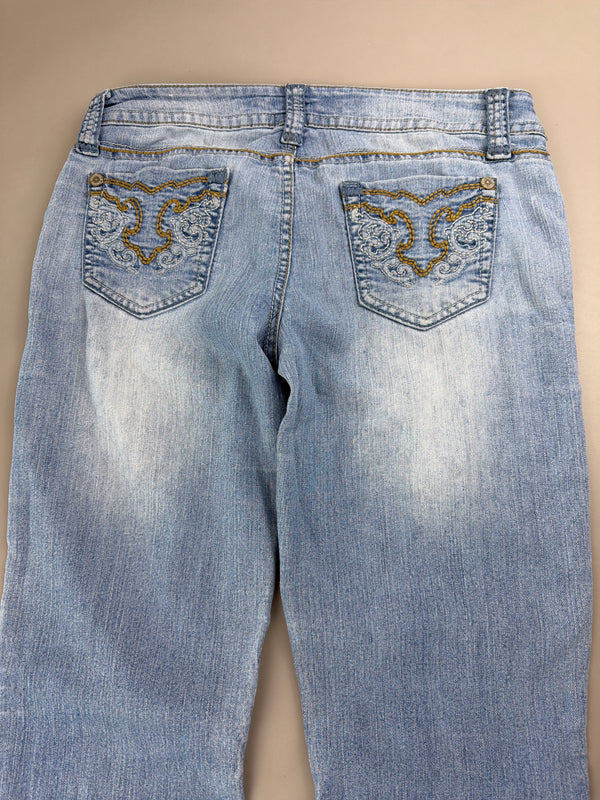 WallFlower "Stardust" Low Waist Flared Denim - Embroidered Cyber Y2K Light Wash