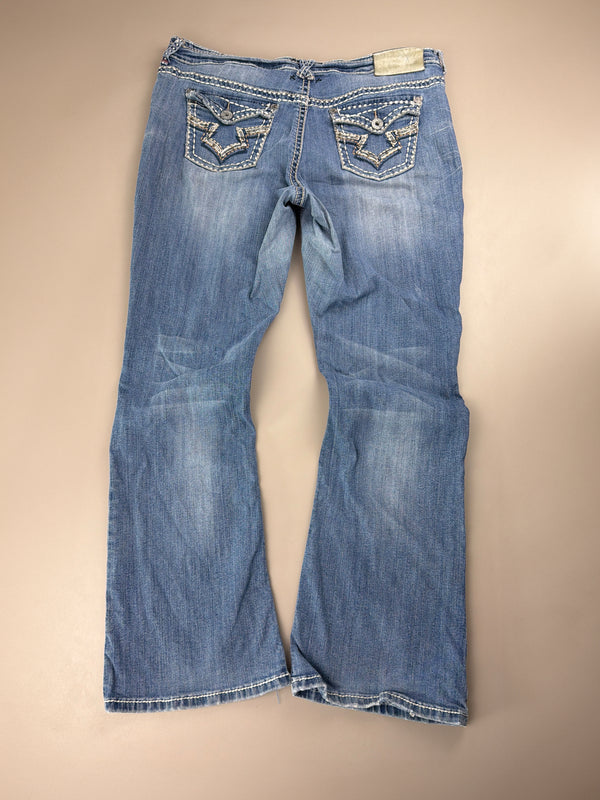 Miss Me Archive "Iconic Slim Boot" Low Waist Denim - Y2K Bling Distressed Blue