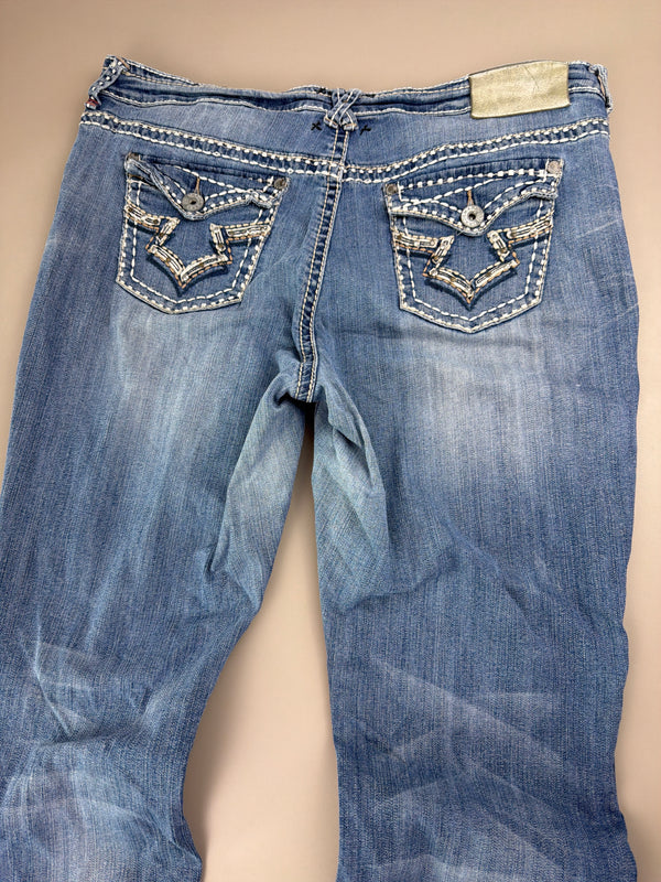 Miss Me Archive "Iconic Slim Boot" Low Waist Denim - Y2K Bling Distressed Blue