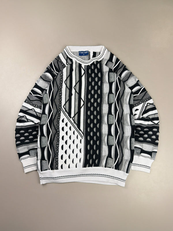 Cascallo Retro Textured Coogi-Style Knitwear - Black & White Abstract Geometric
