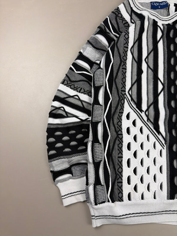 Cascallo Retro Textured Coogi-Style Knitwear - Black & White Abstract Geometric
