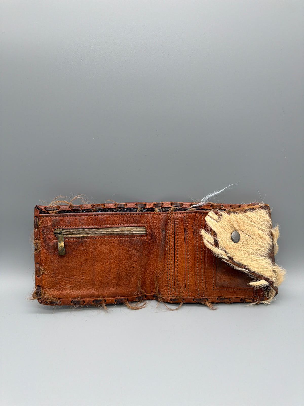 Vintage Fur & Leather Detail Wallet - Brown / Western Y2K