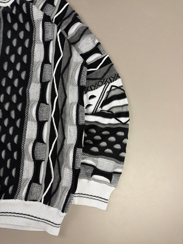 Cascallo Retro Textured Coogi-Style Knitwear - Black & White Abstract Geometric