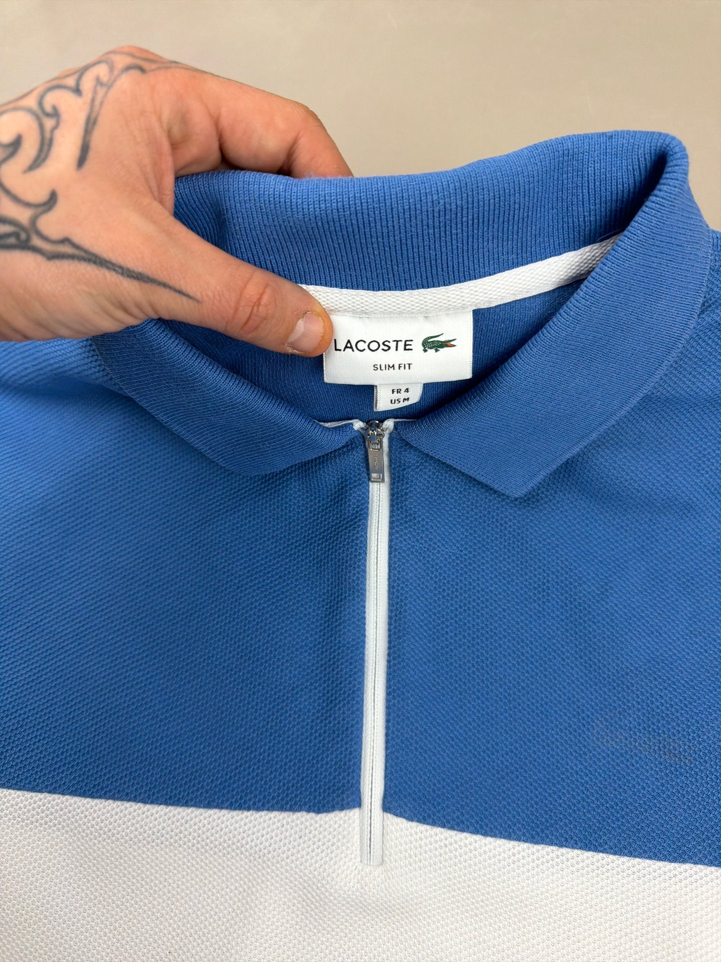 Lacoste Sporty Zip-Neck Piqué Polo - Blue & White Colorblock