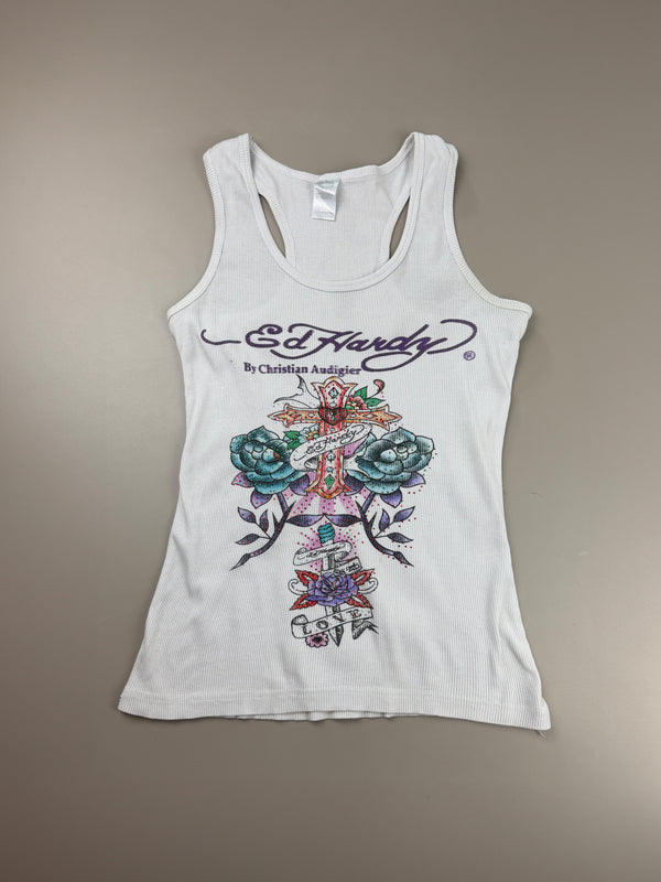 Ed Hardy by Christian Audigier "Love Cross" Ribbed Tank Top - White
